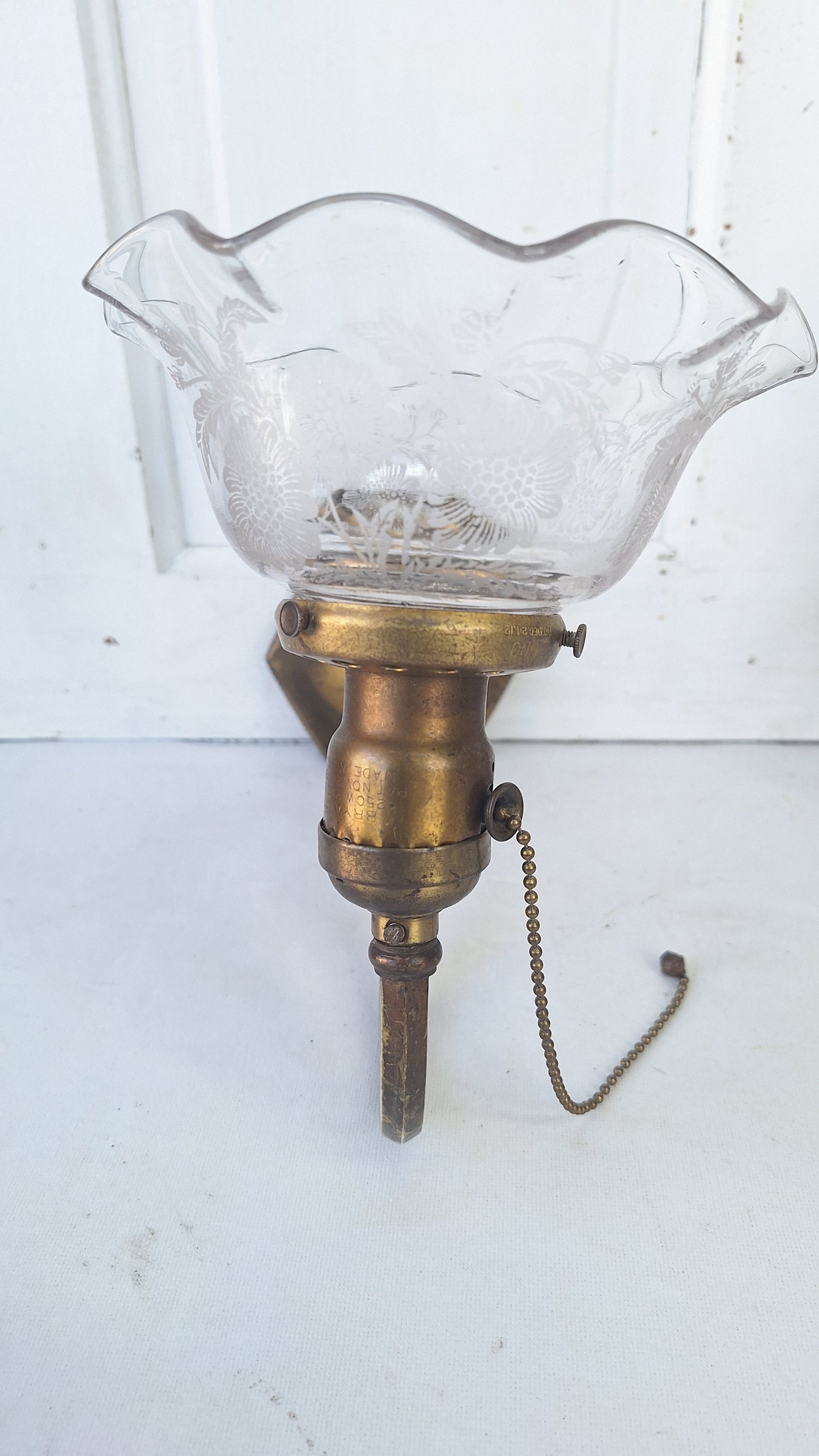 Antique Brass Sconces with Etched Glass Shades and Bird Carvings