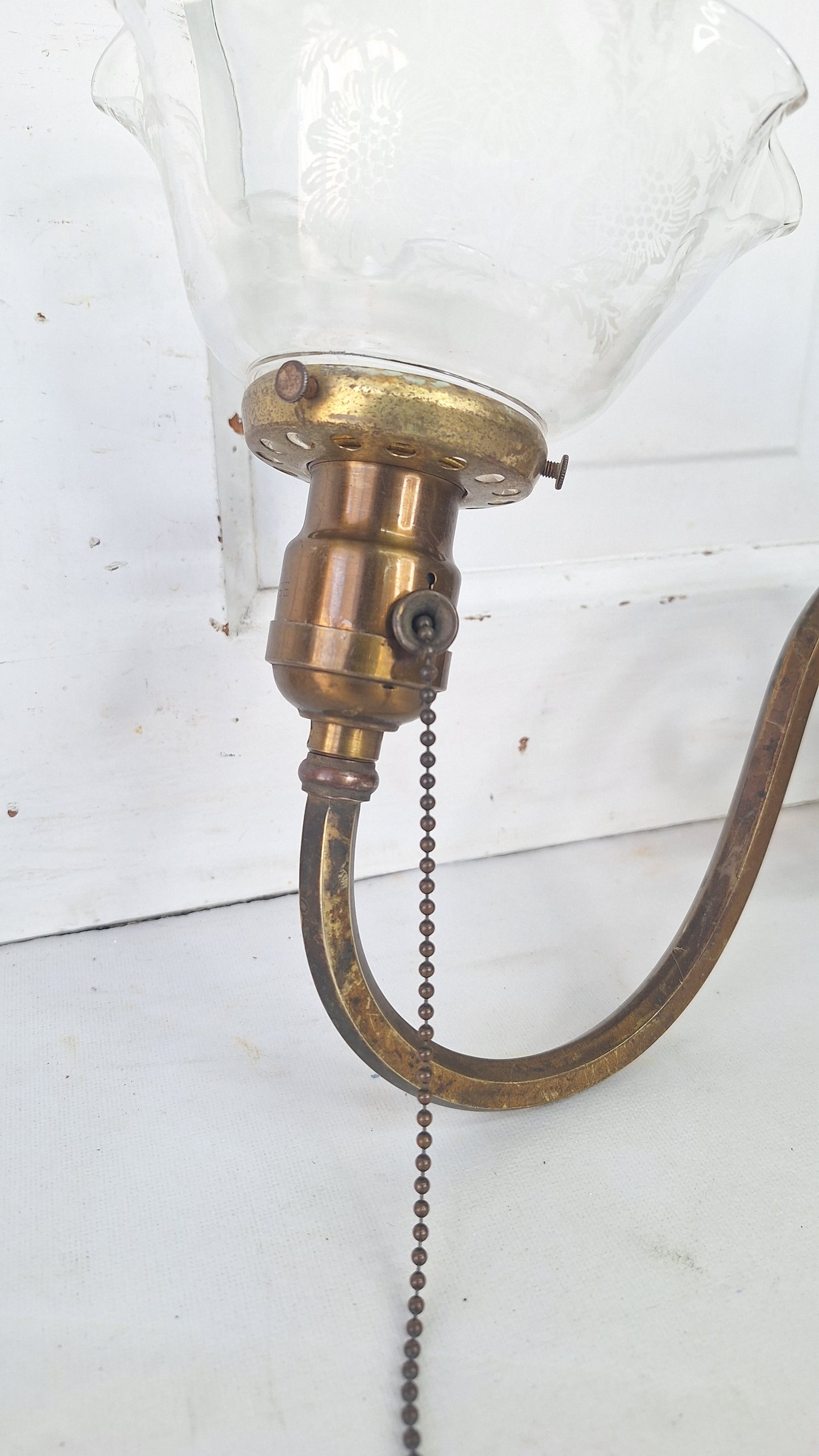Antique Brass Sconces with Etched Glass Shades and Bird Carvings