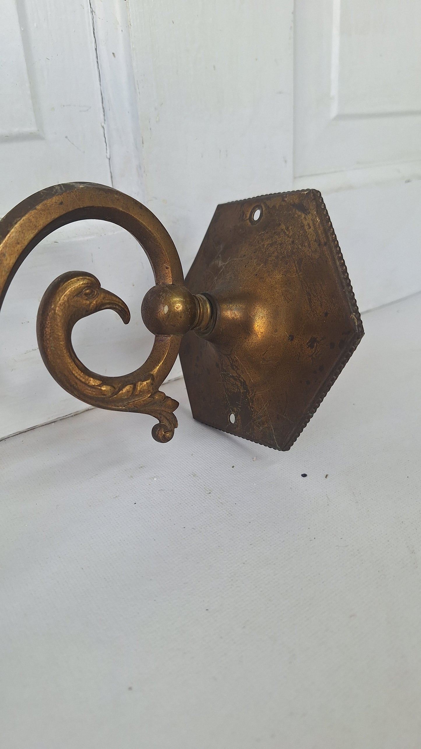 Antique Brass Sconces with Etched Glass Shades and Bird Carvings