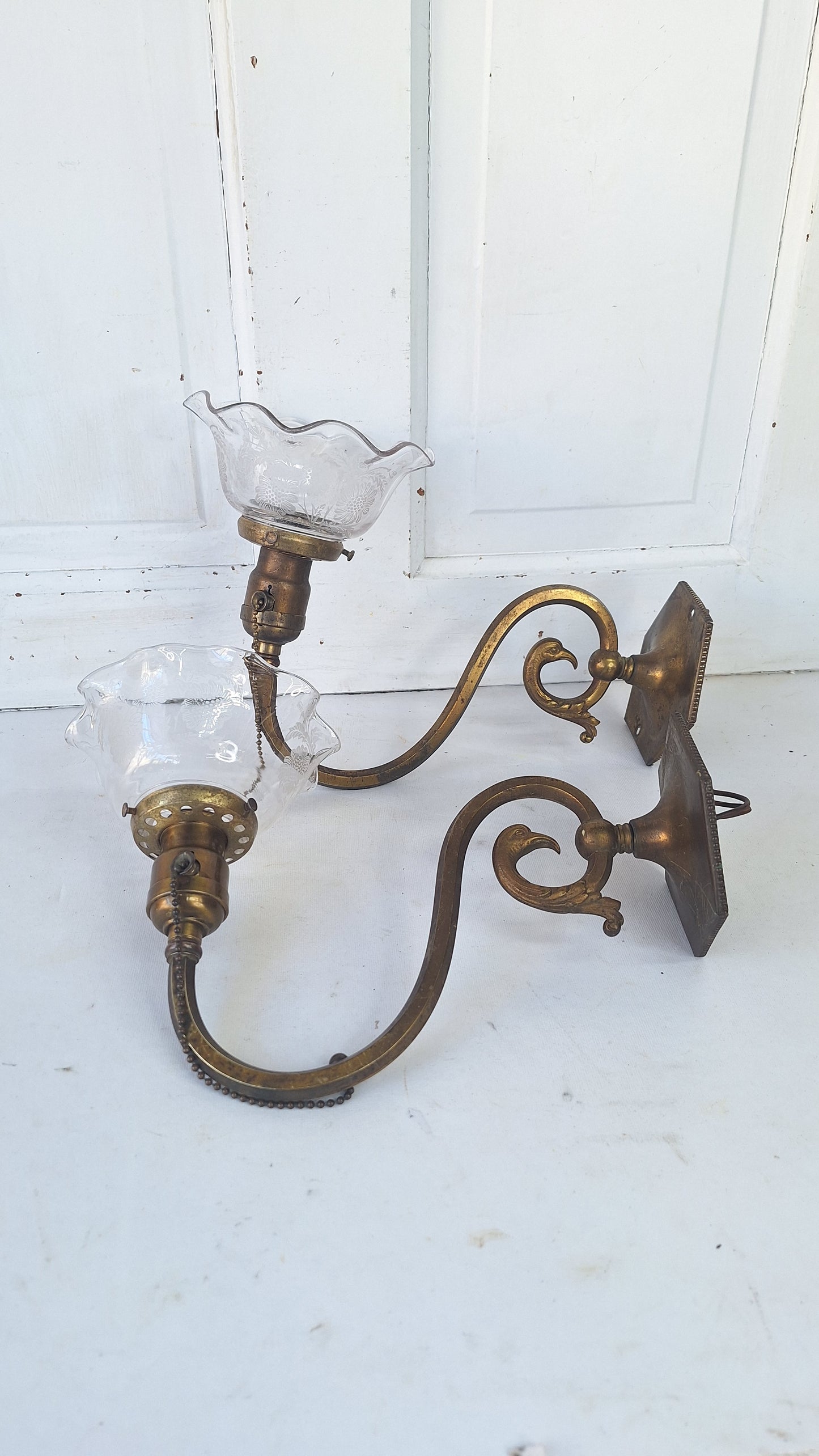 Antique Brass Sconces with Etched Glass Shades and Bird Carvings