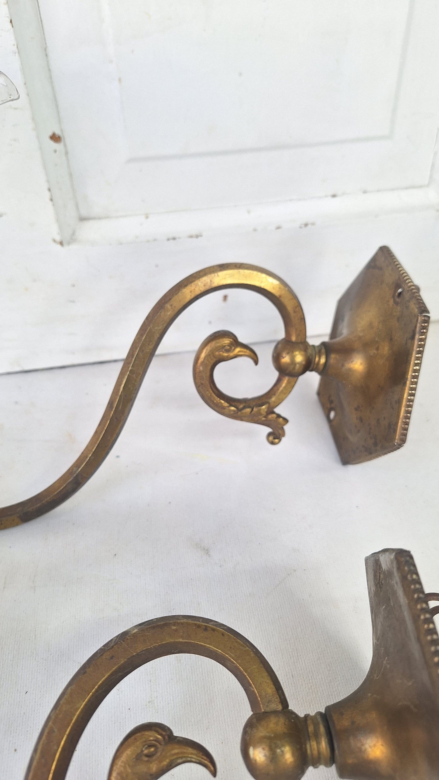 Antique Brass Sconces with Etched Glass Shades and Bird Carvings