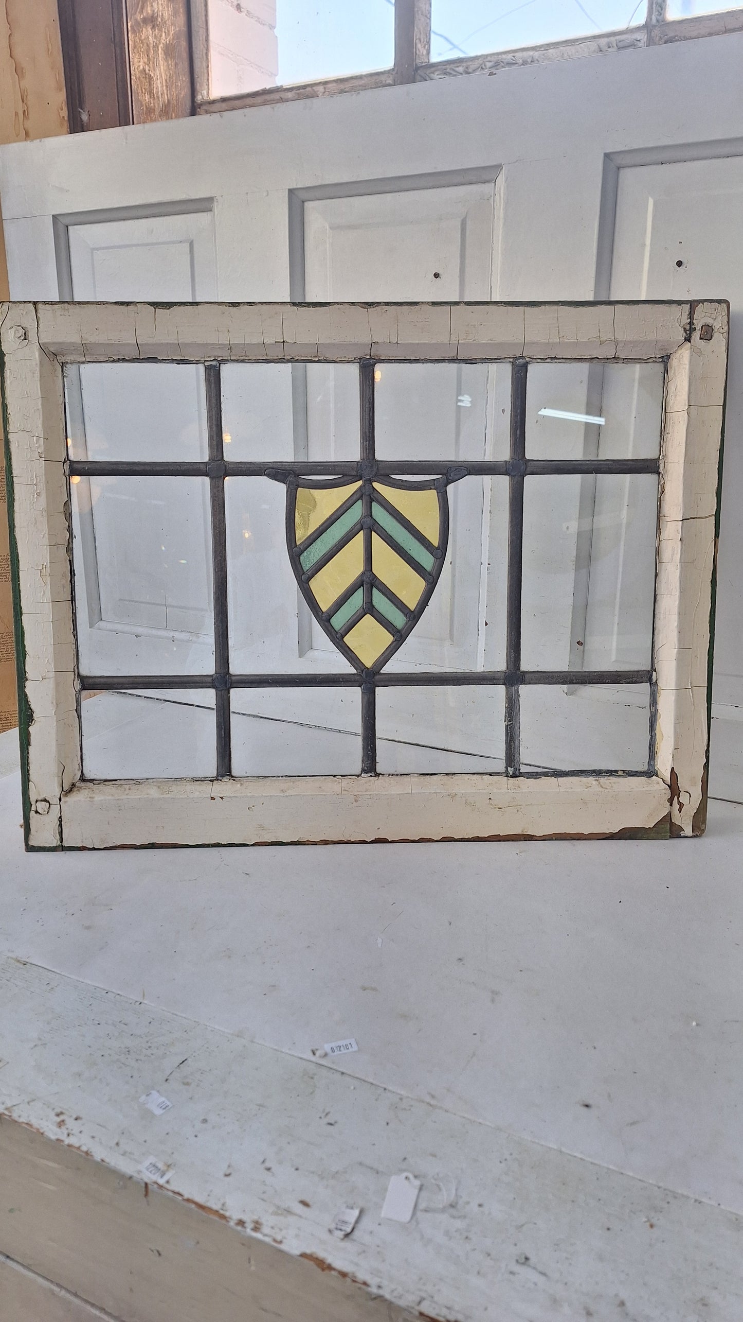 Antique Stained Glass Window: Yellow & Blue Arts Crafts Design