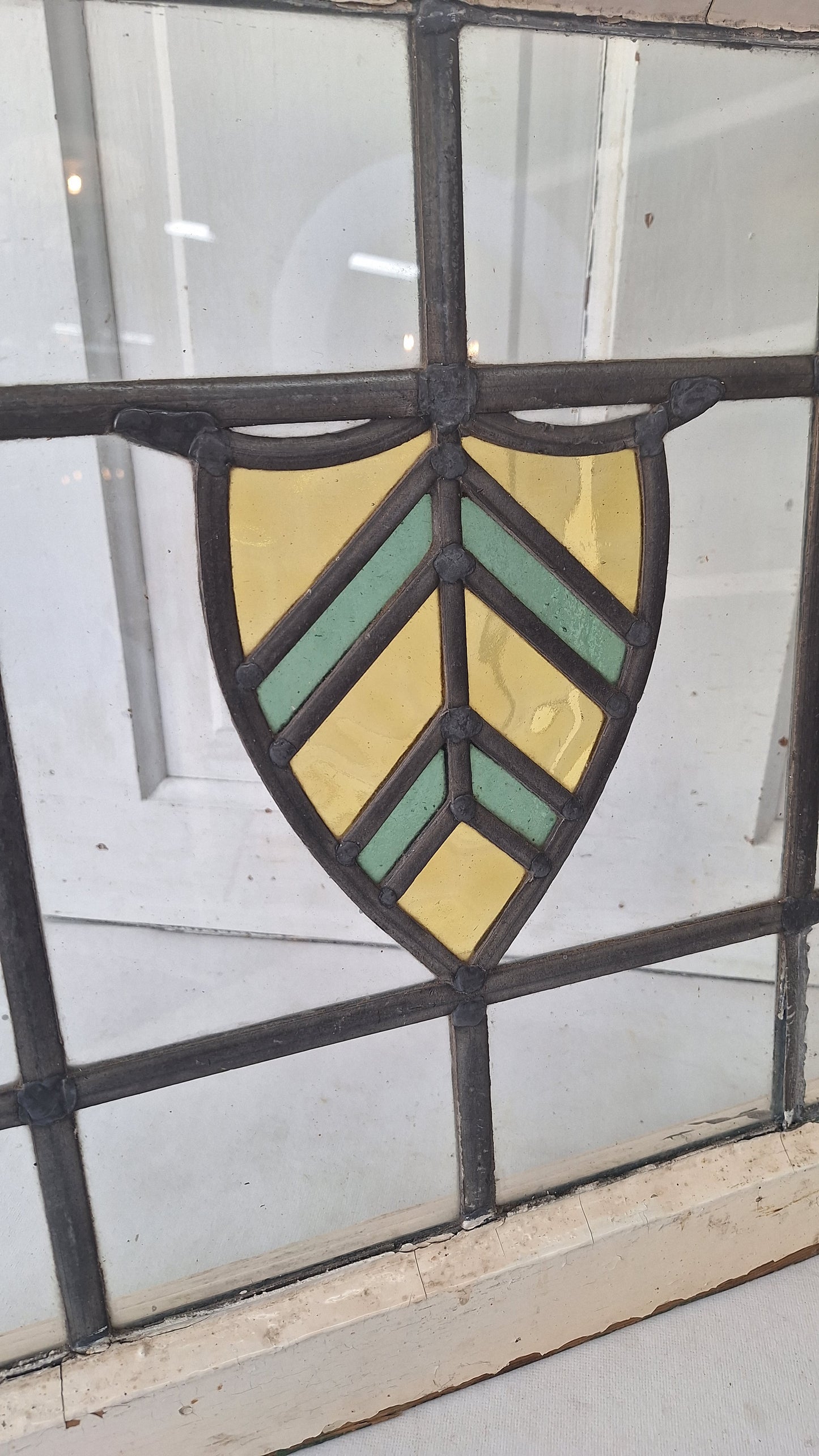 Antique Stained Glass Window: Yellow & Blue Arts Crafts Design