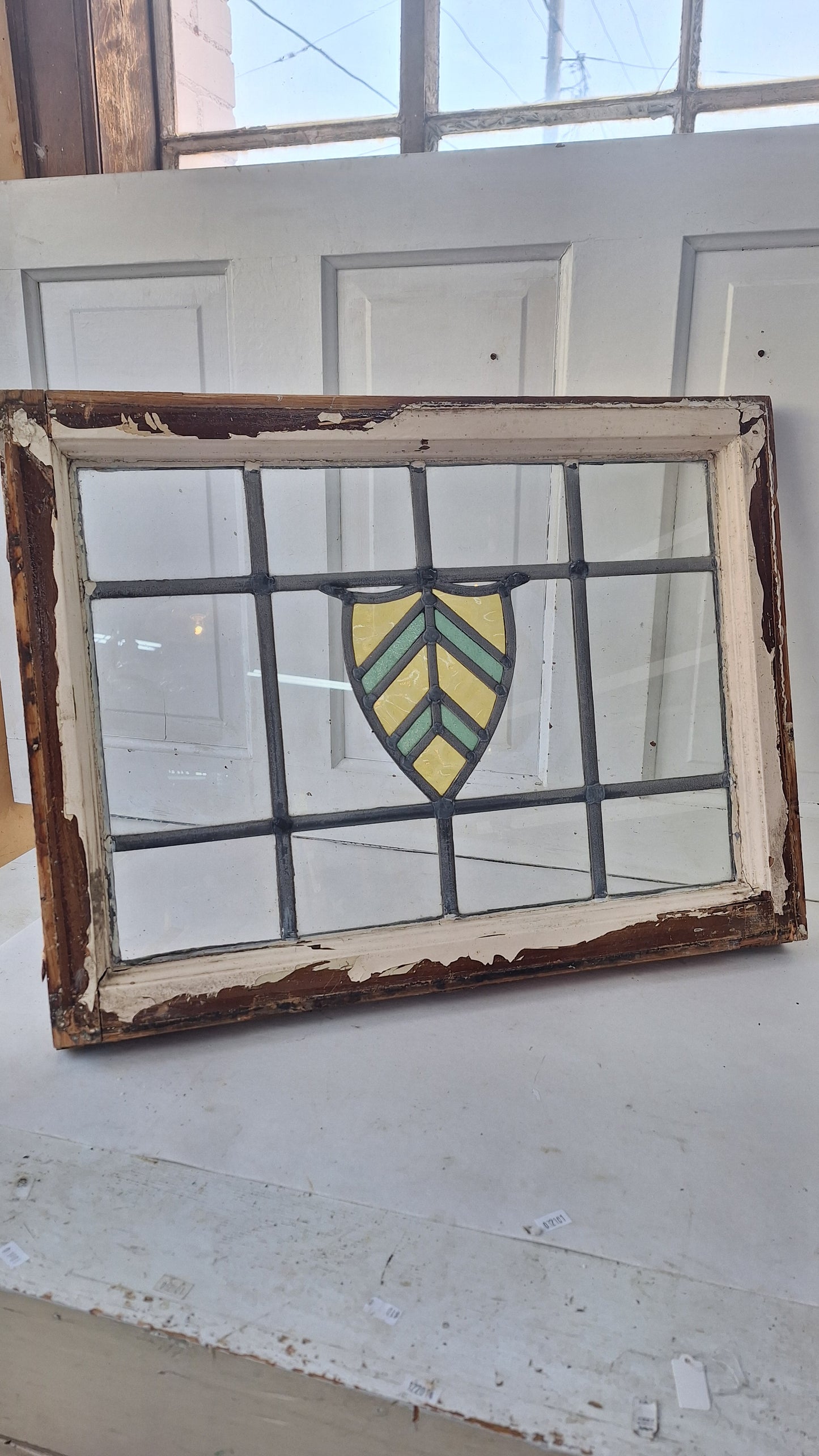 Antique Stained Glass Window: Yellow & Blue Arts Crafts Design