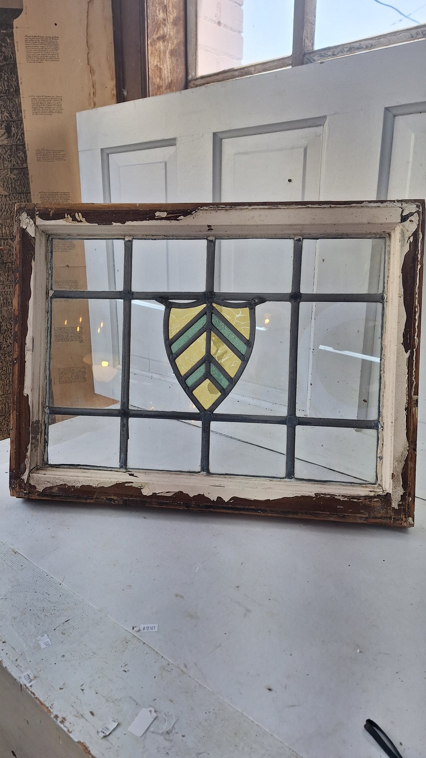 Antique Stained Glass Window: Yellow & Blue Arts Crafts Design