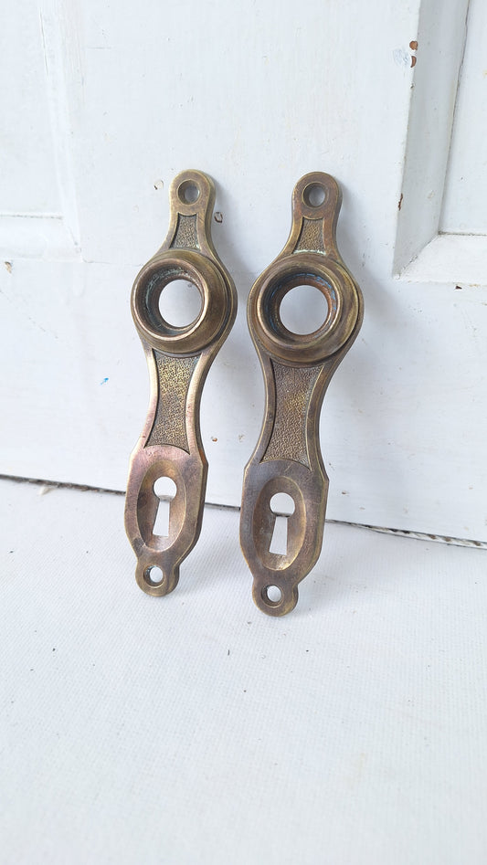 Two Art Deco Doorknob Plates, Antique Brass Backplates