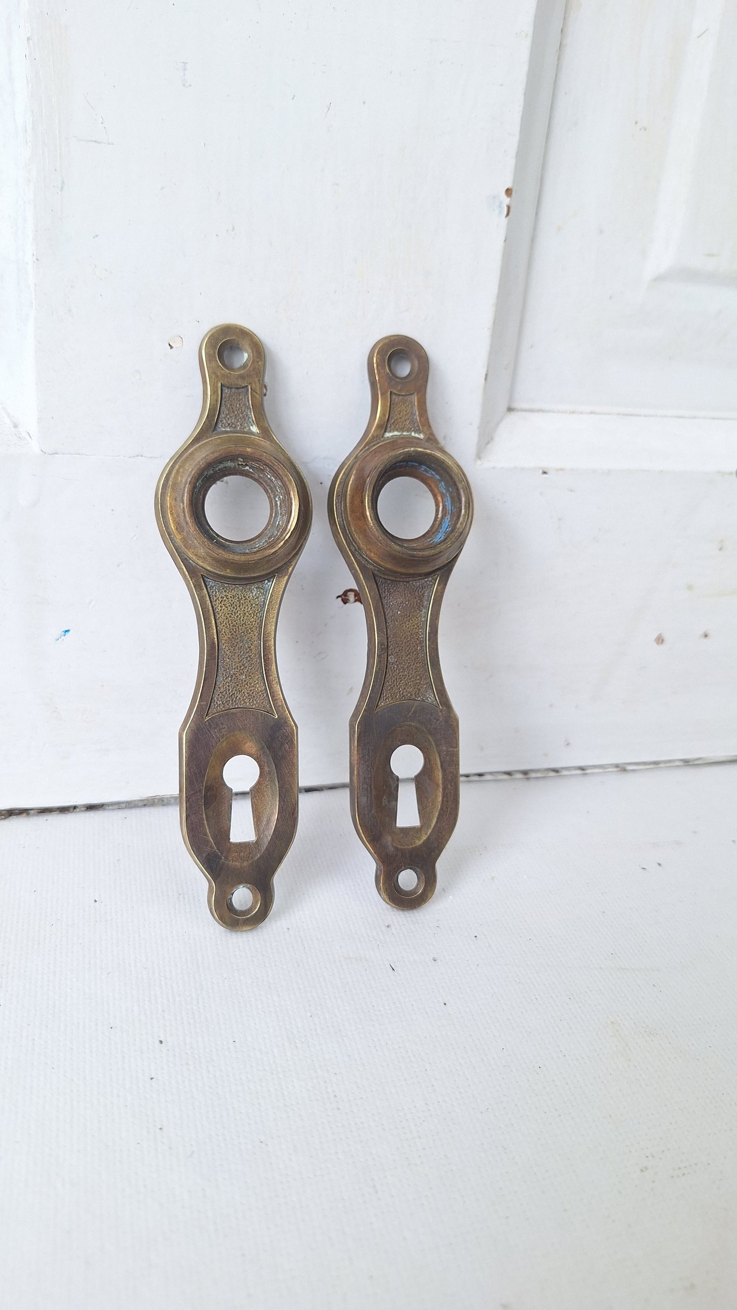 Two Art Deco Doorknob Plates, Antique Brass Backplates