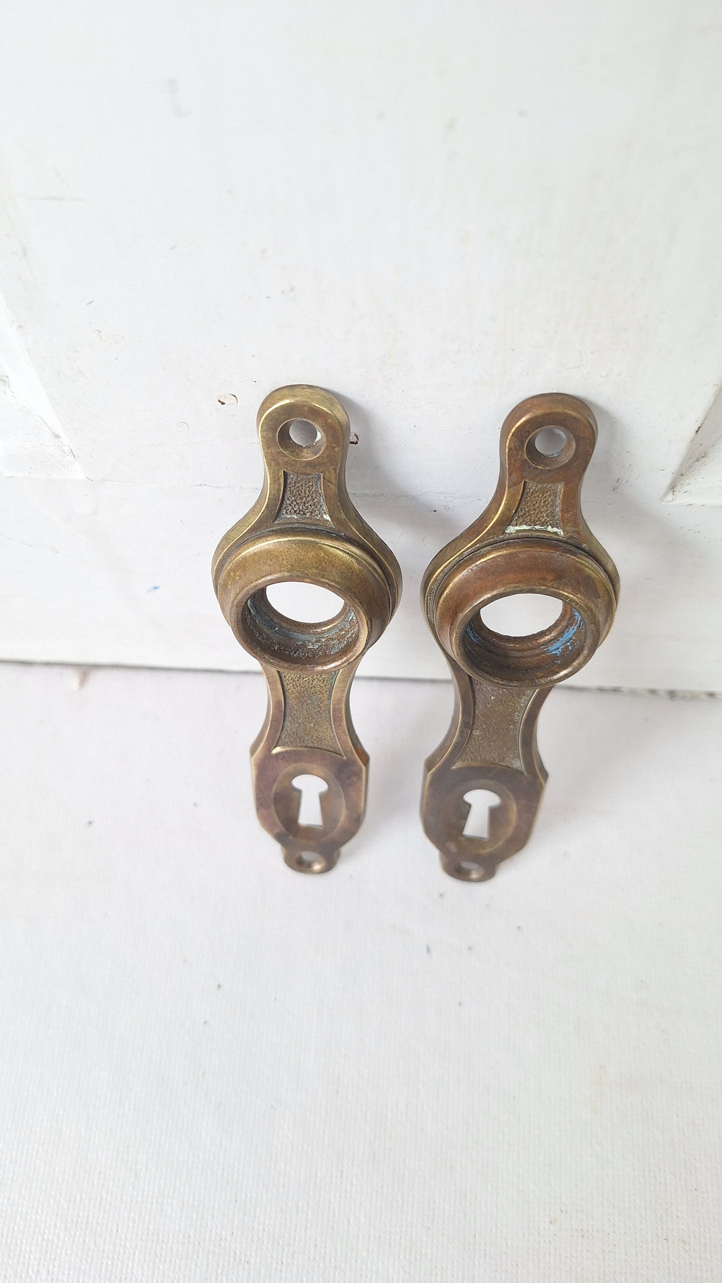 Two Art Deco Doorknob Plates, Antique Brass Backplates