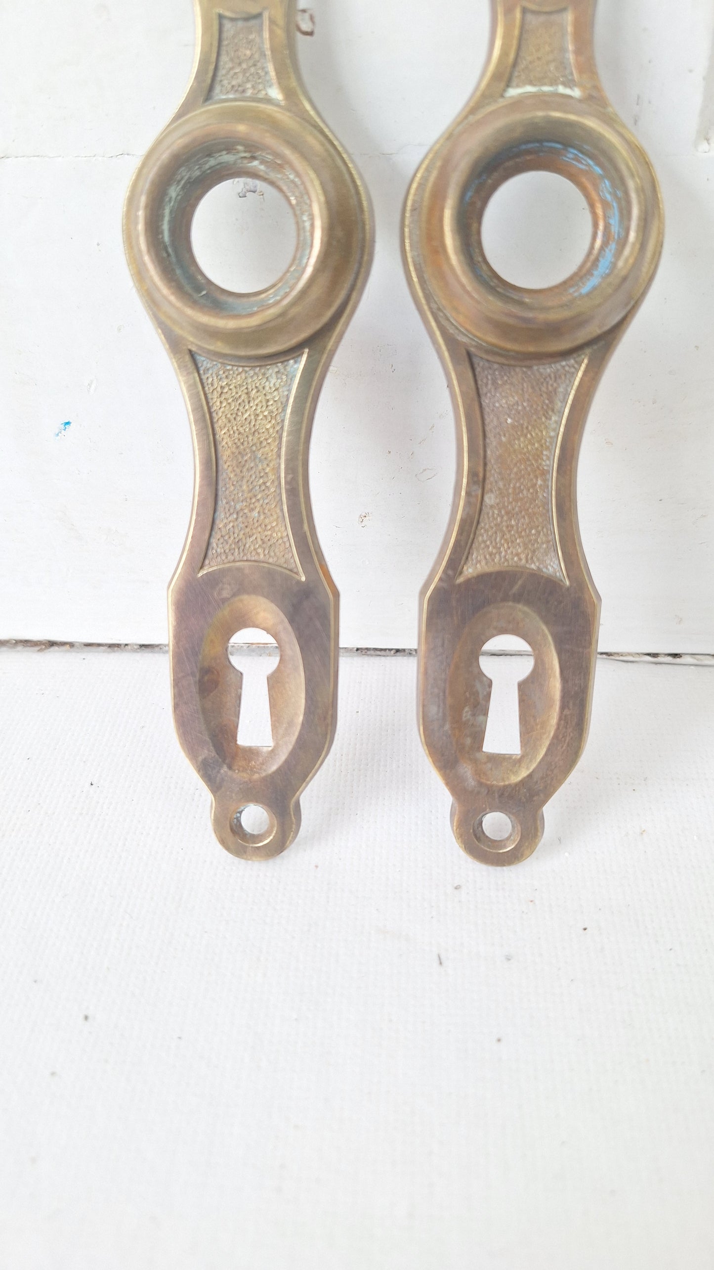 Two Art Deco Doorknob Plates, Antique Brass Backplates