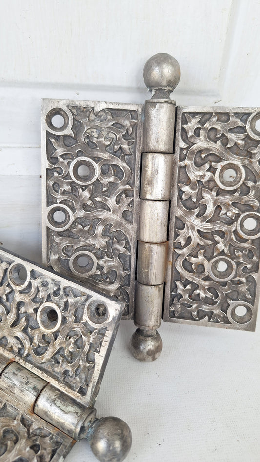 Pair of Yale Kelp Design Door Hinges, Nickel Plated Antique Door Hinges
