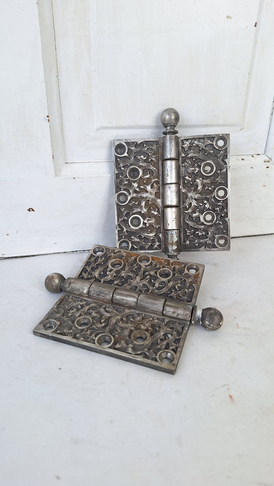 Pair of Yale Kelp Design Door Hinges, Nickel Plated Antique Door Hinges