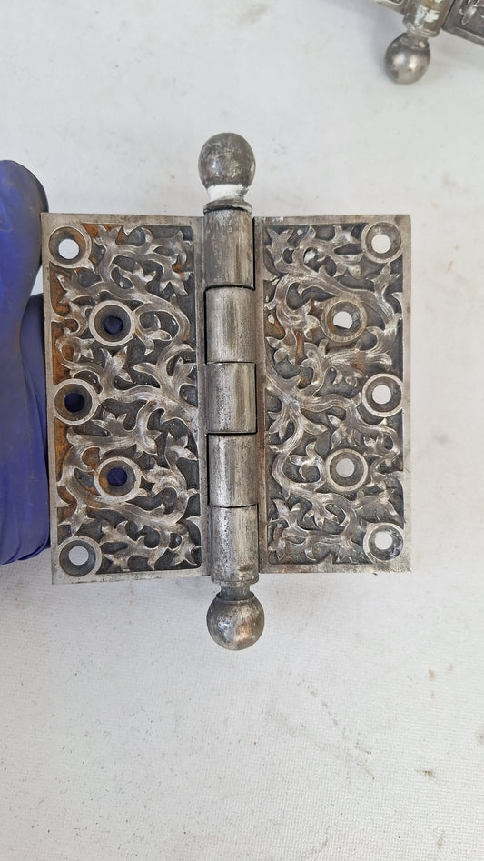 Pair of Yale Kelp Design Door Hinges, Nickel Plated Antique Door Hinges