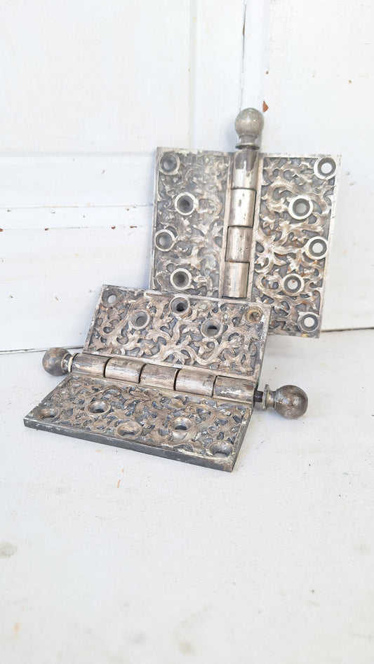 Pair of Yale Kelp Design Door Hinges, Nickel Plated Antique Door Hinges