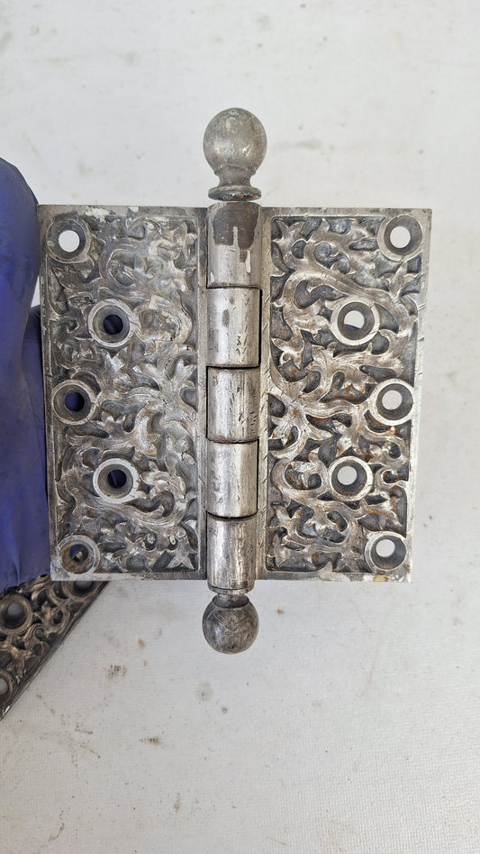 Pair of Yale Kelp Design Door Hinges, Nickel Plated Antique Door Hinges