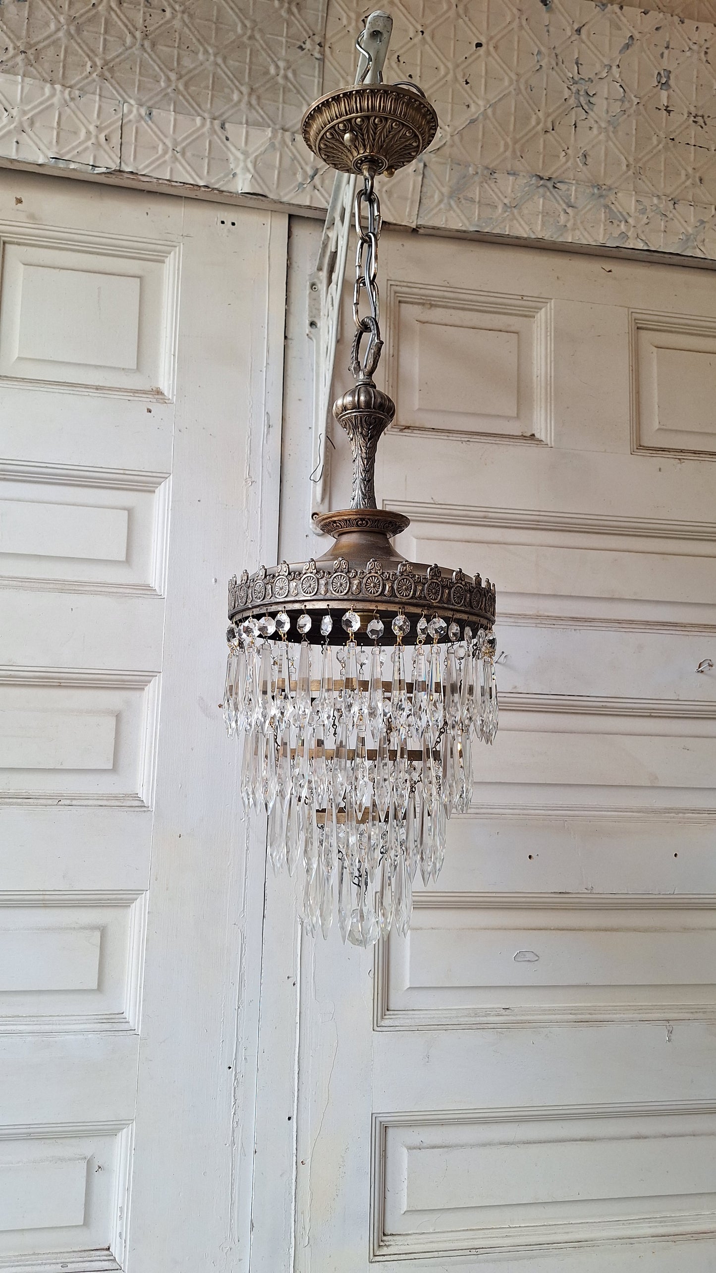 Vintage Silver Crystal Chandelier: Cut Glass Flush Mount Light