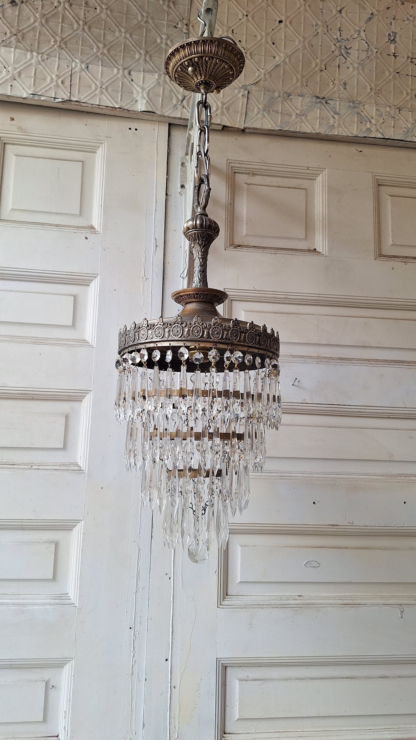 Vintage Silver Crystal Chandelier: Cut Glass Flush Mount Light