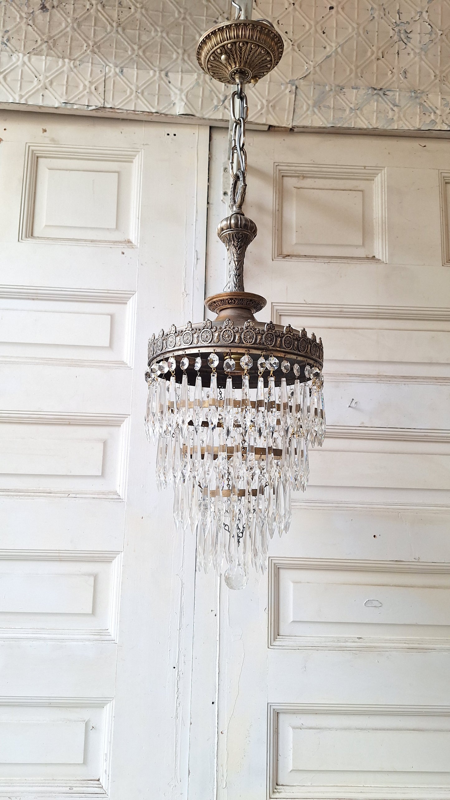 Vintage Silver Crystal Chandelier: Cut Glass Flush Mount Light