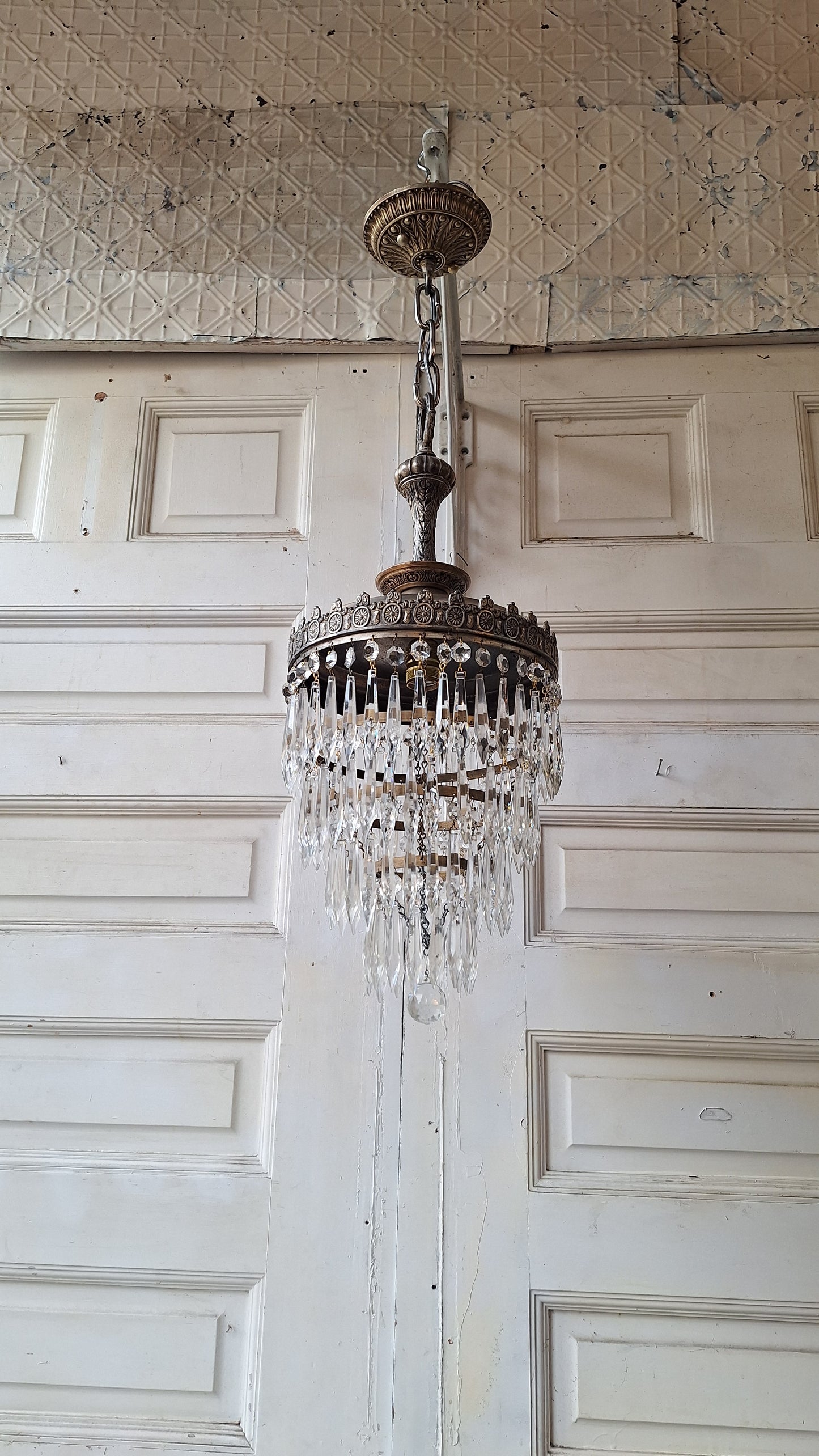 Vintage Silver Crystal Chandelier: Cut Glass Flush Mount Light