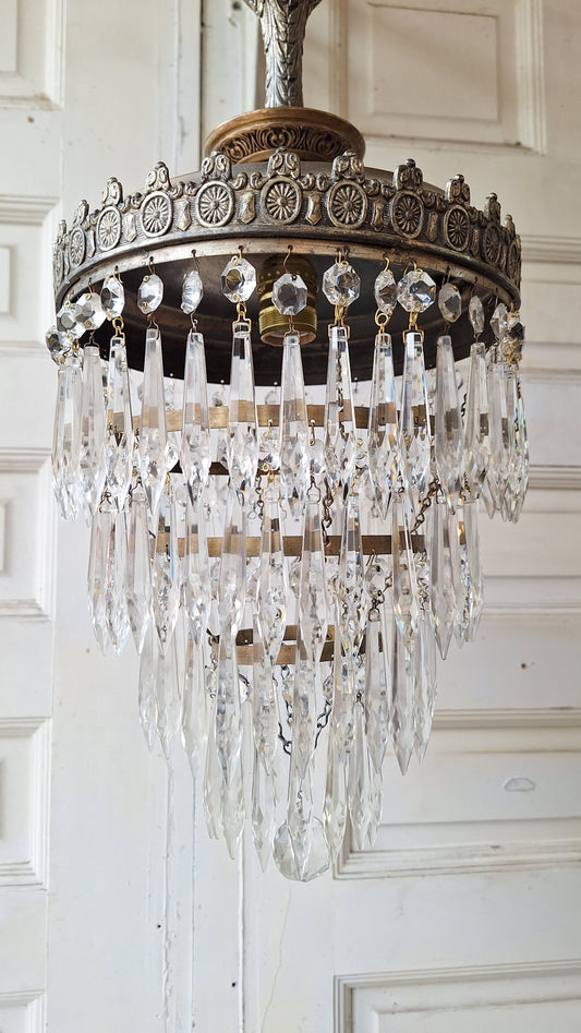 Vintage Silver Crystal Chandelier: Cut Glass Flush Mount Light
