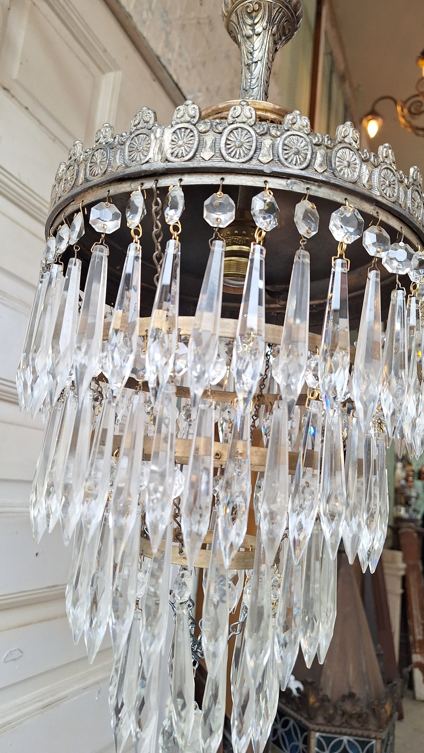 Vintage Silver Crystal Chandelier: Cut Glass Flush Mount Light