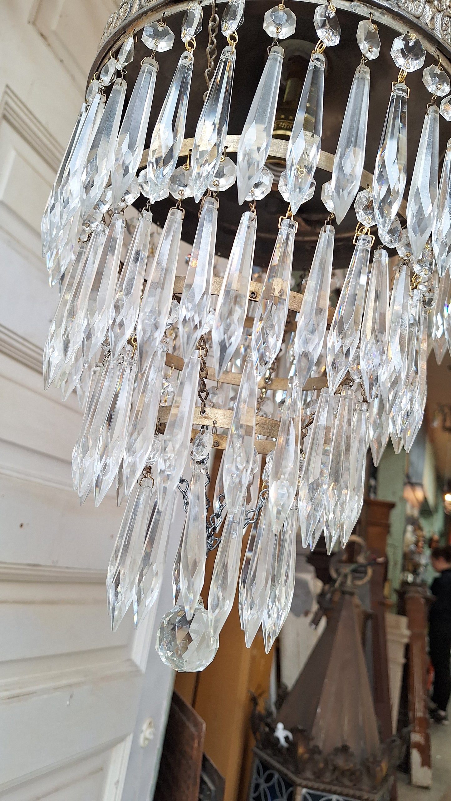 Vintage Silver Crystal Chandelier: Cut Glass Flush Mount Light