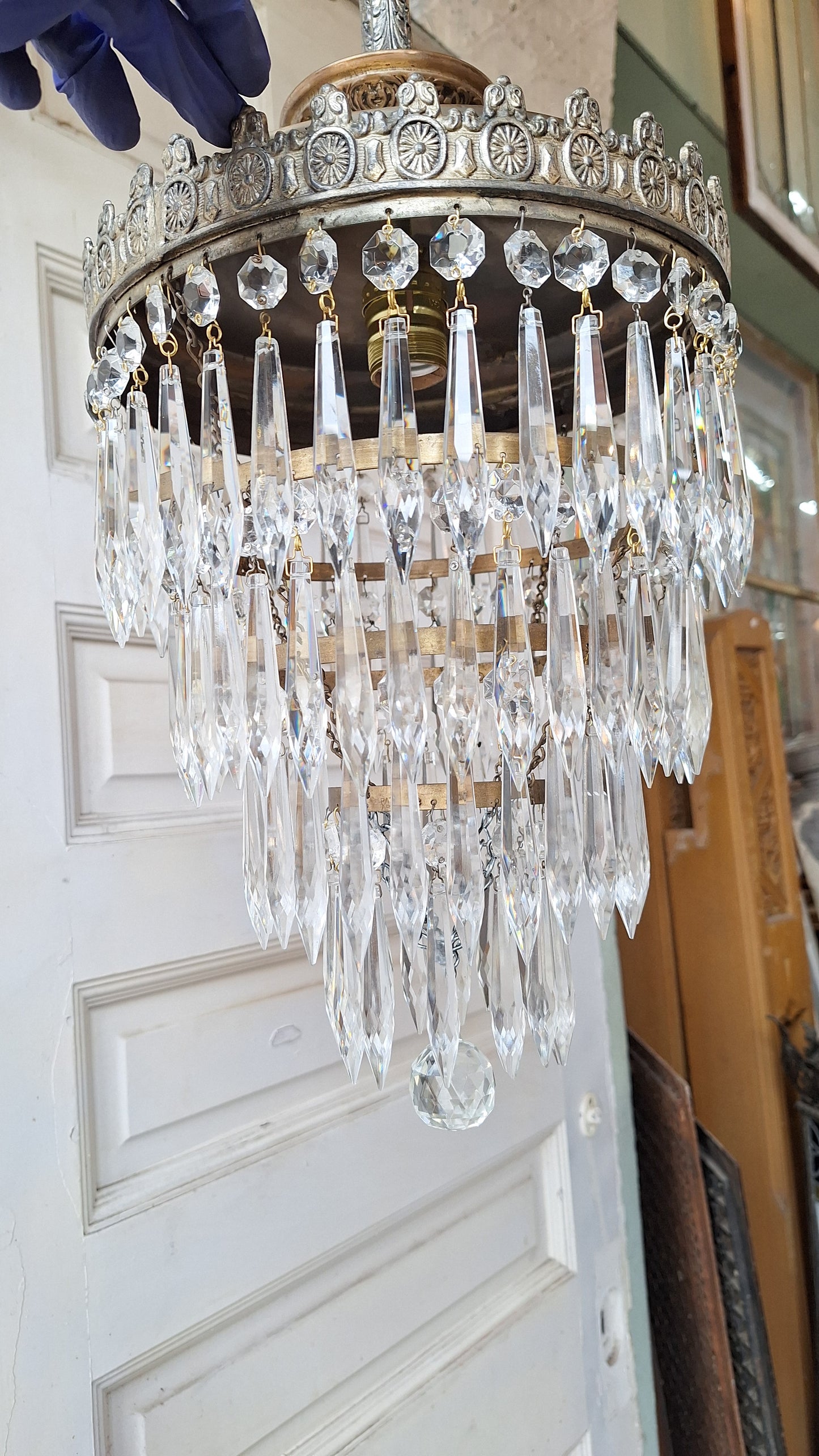 Vintage Silver Crystal Chandelier: Cut Glass Flush Mount Light