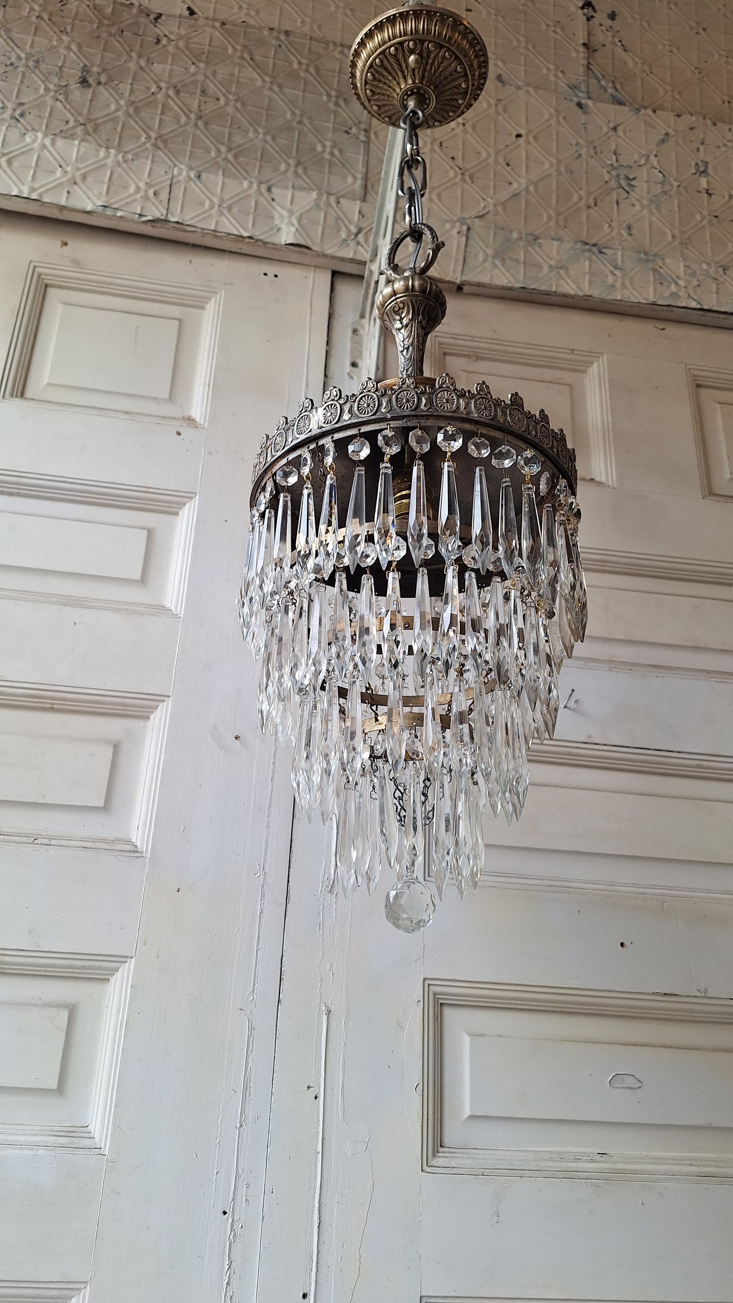 Vintage Silver Crystal Chandelier: Cut Glass Flush Mount Light
