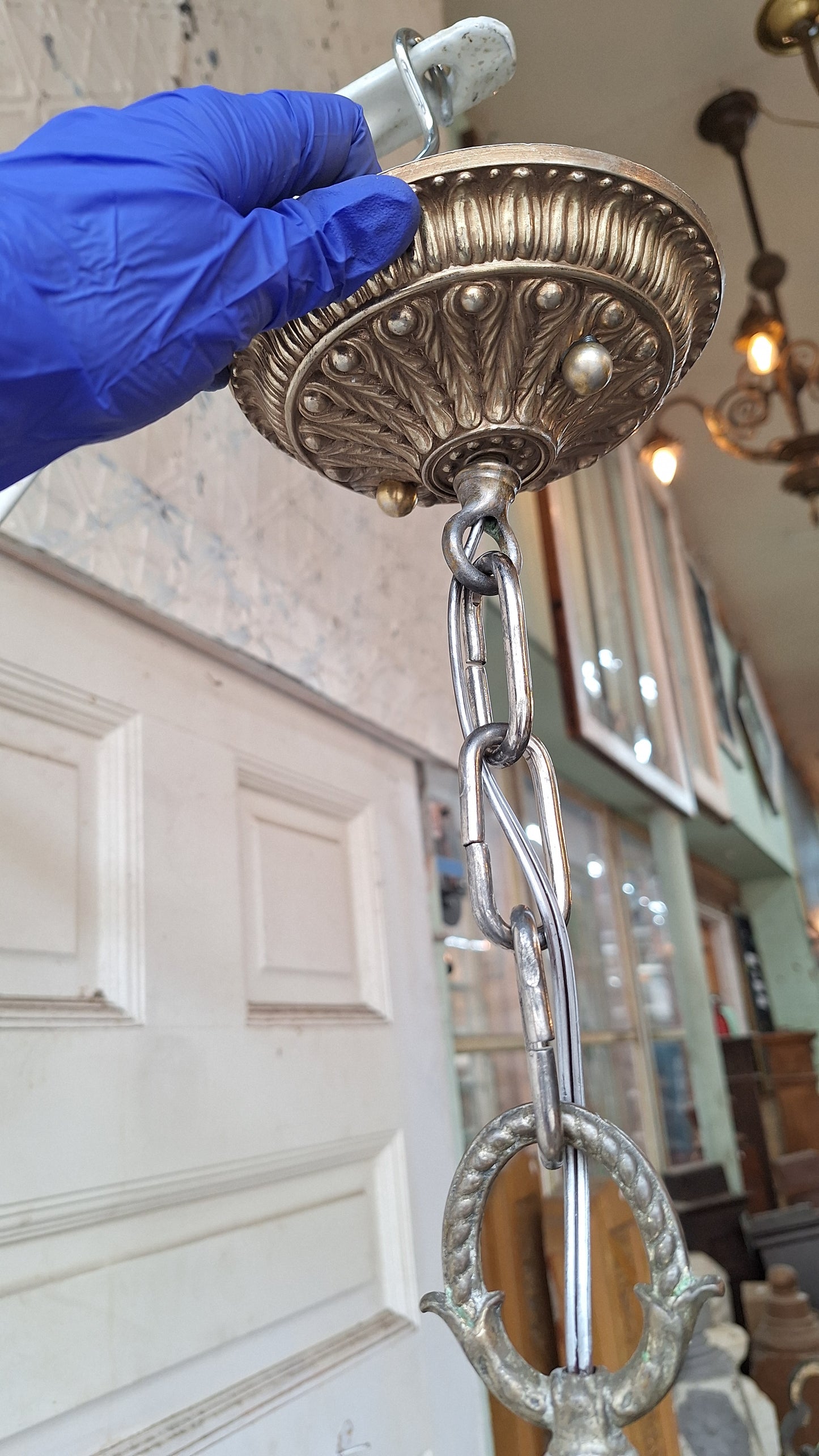 Vintage Silver Crystal Chandelier: Cut Glass Flush Mount Light