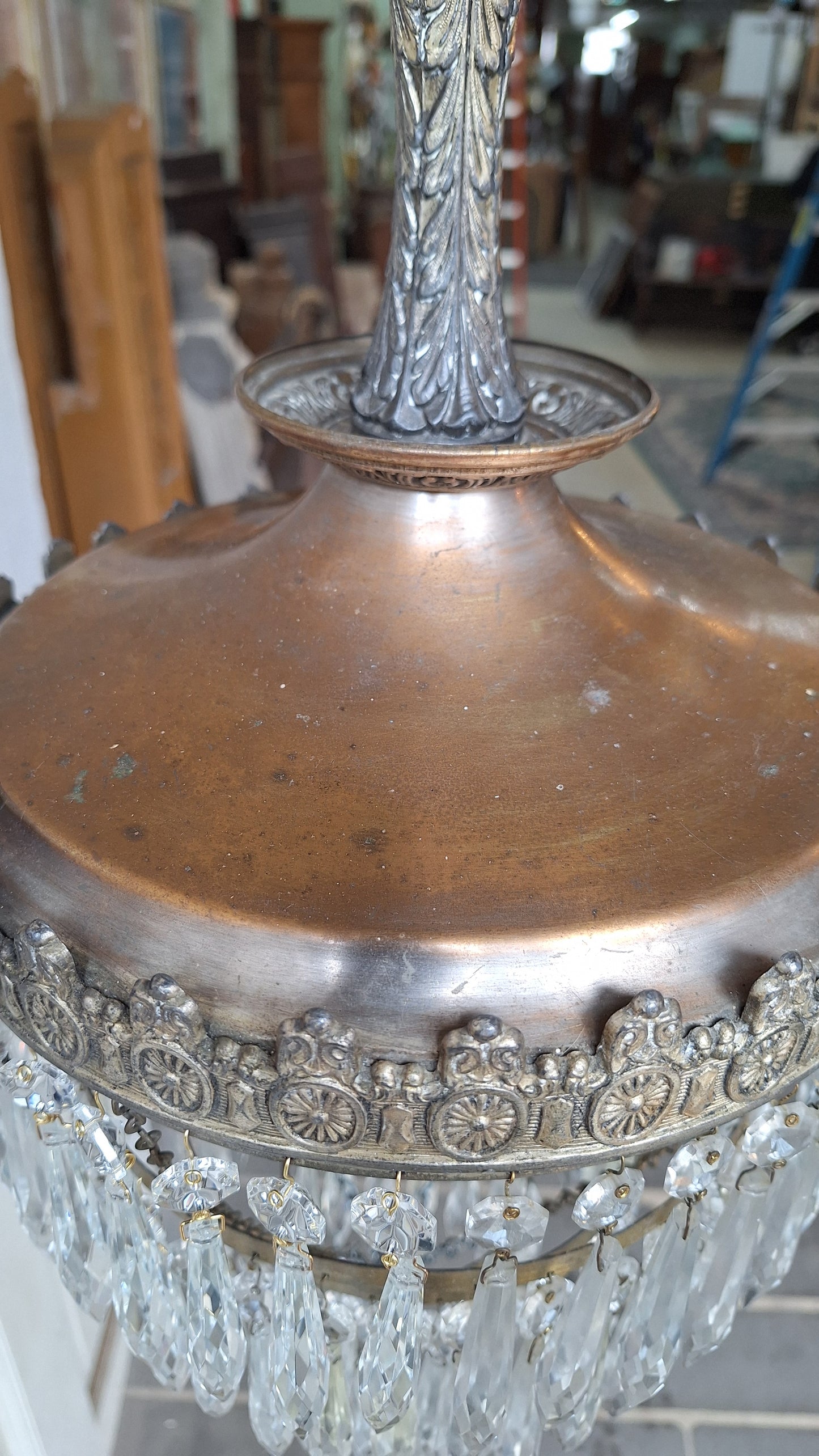 Vintage Silver Crystal Chandelier: Cut Glass Flush Mount Light