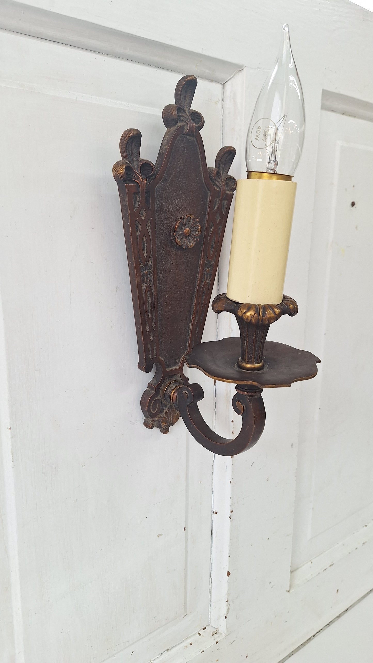 Solid Bronze Antique Wall Sconce with Flower Details