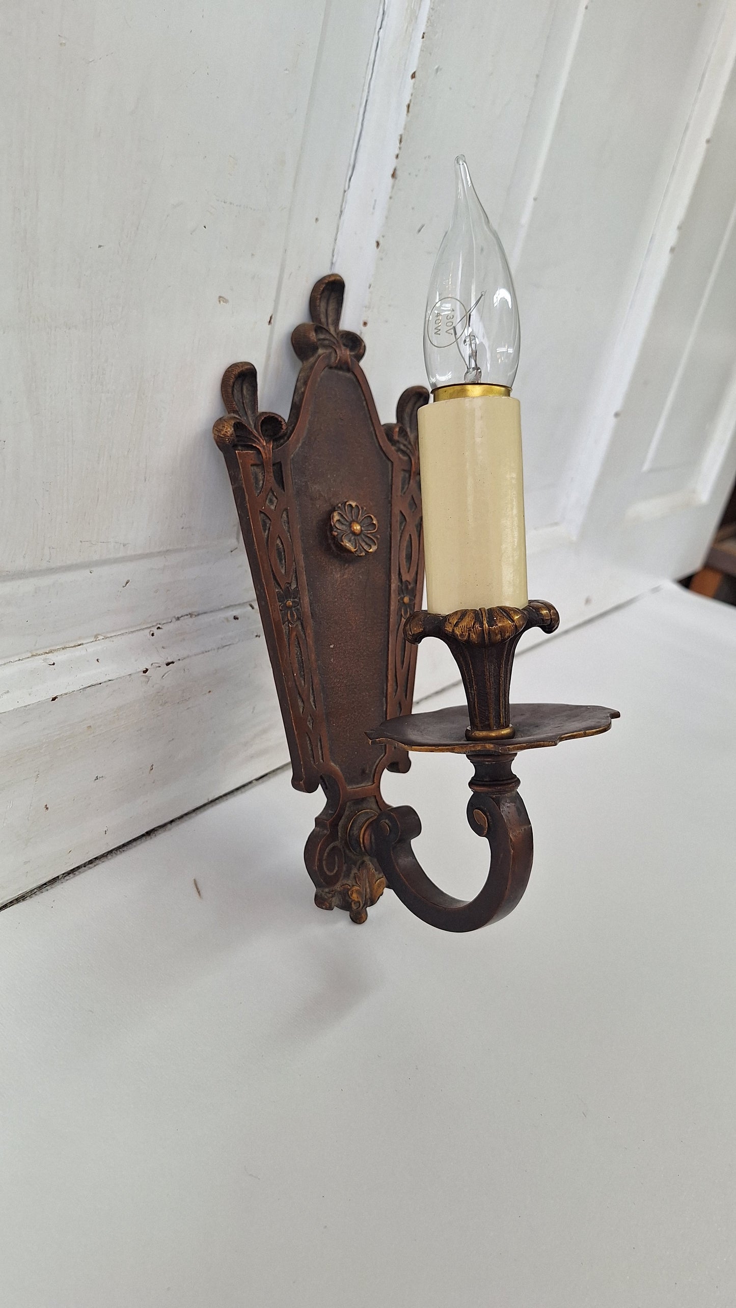 Solid Bronze Antique Wall Sconce with Flower Details