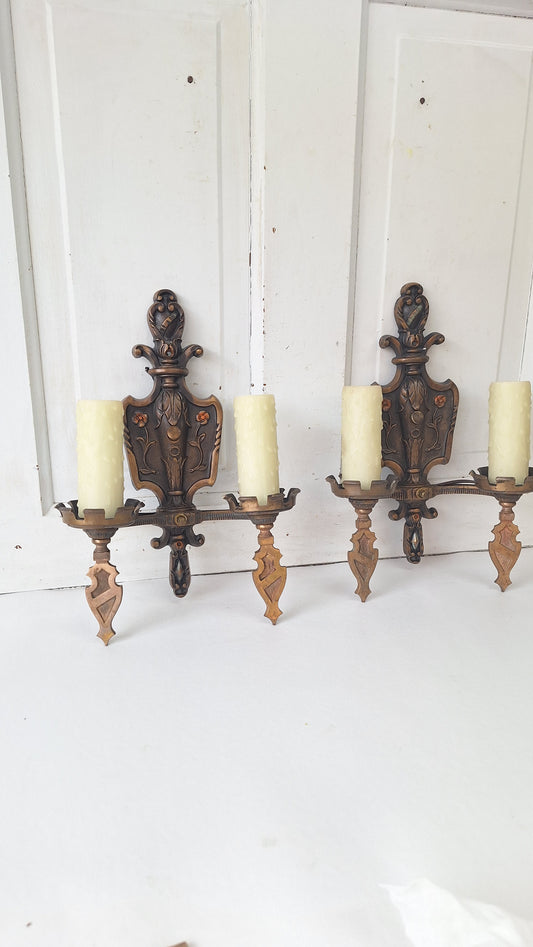 Vintage Spanish Revival Bronze Sconces, Pair of Ornate Wall Lights