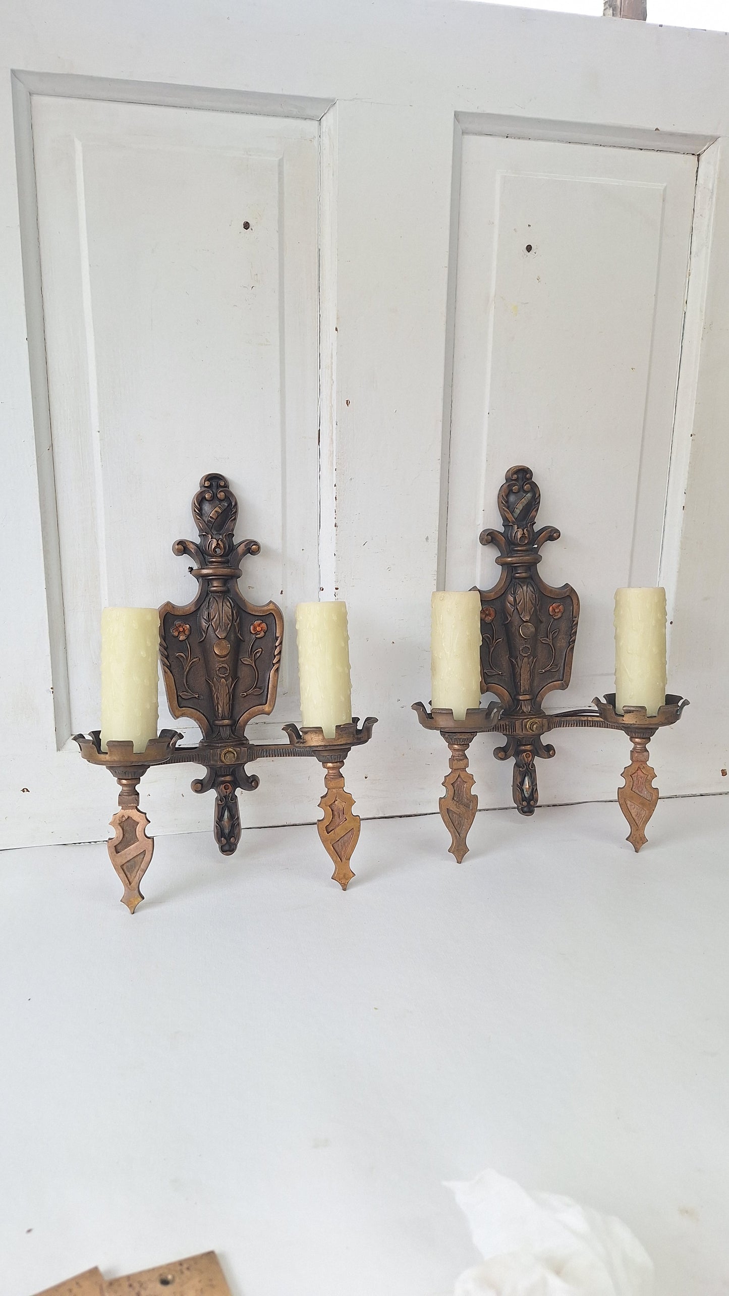 Vintage Spanish Revival Bronze Sconces, Pair of Ornate Wall Lights