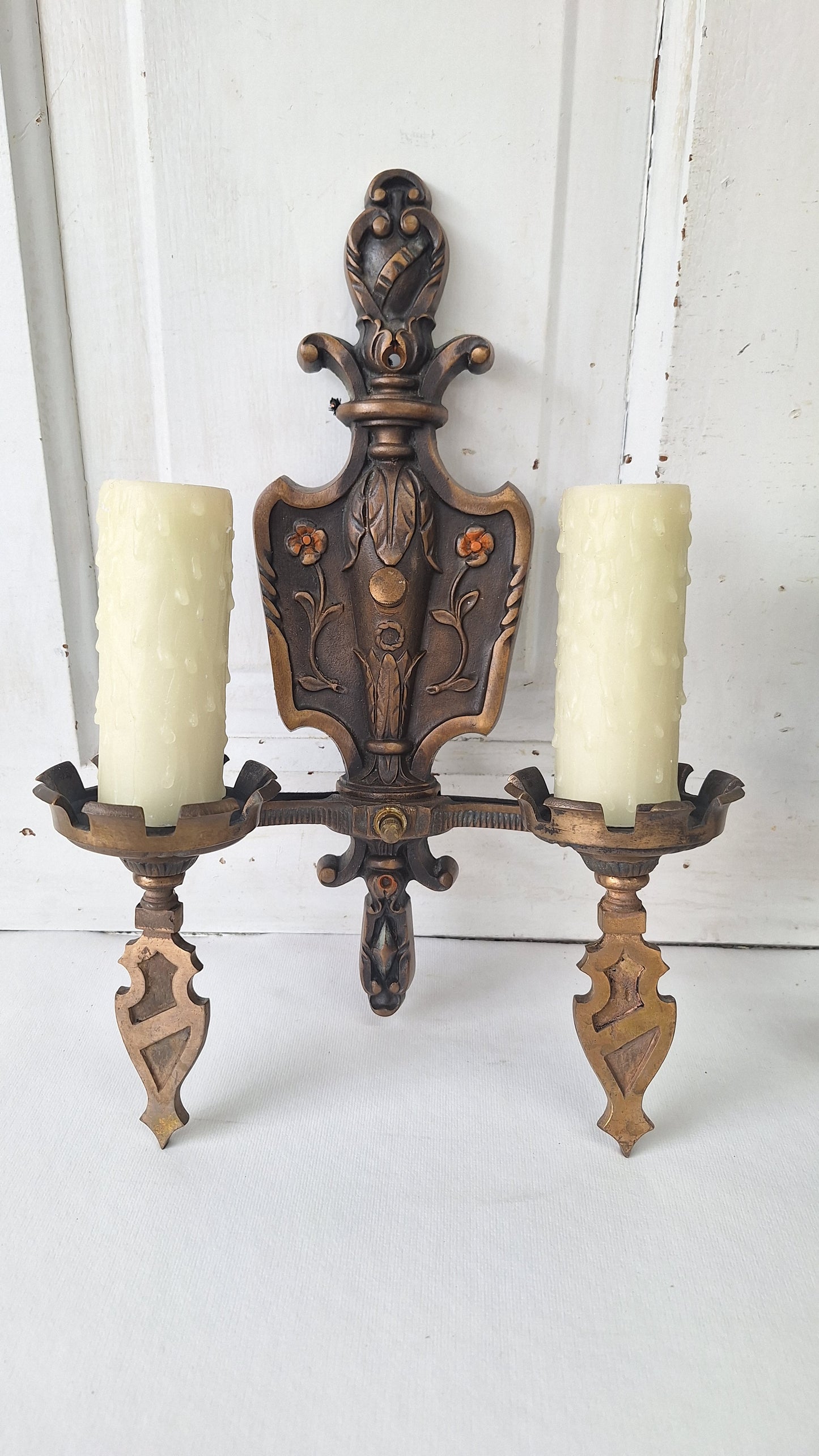 Vintage Spanish Revival Bronze Sconces, Pair of Ornate Wall Lights