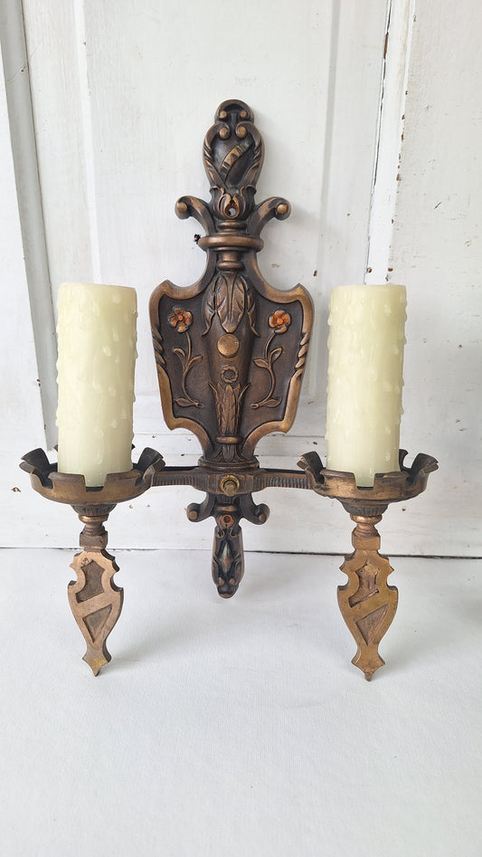 Vintage Spanish Revival Bronze Sconces, Pair of Ornate Wall Lights