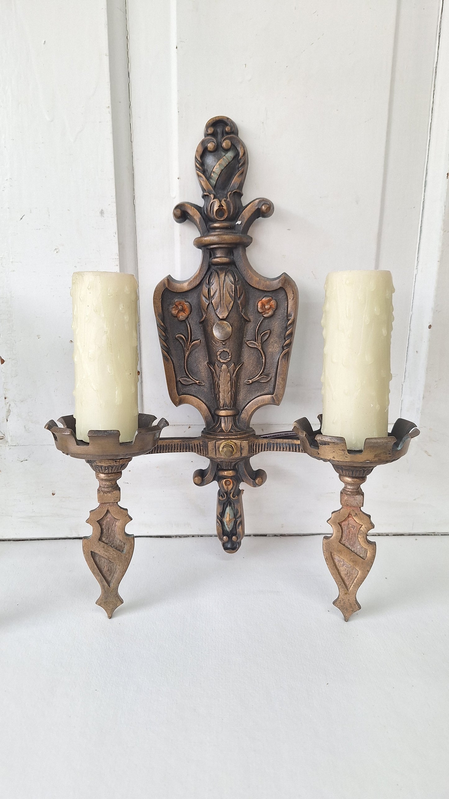Vintage Spanish Revival Bronze Sconces, Pair of Ornate Wall Lights