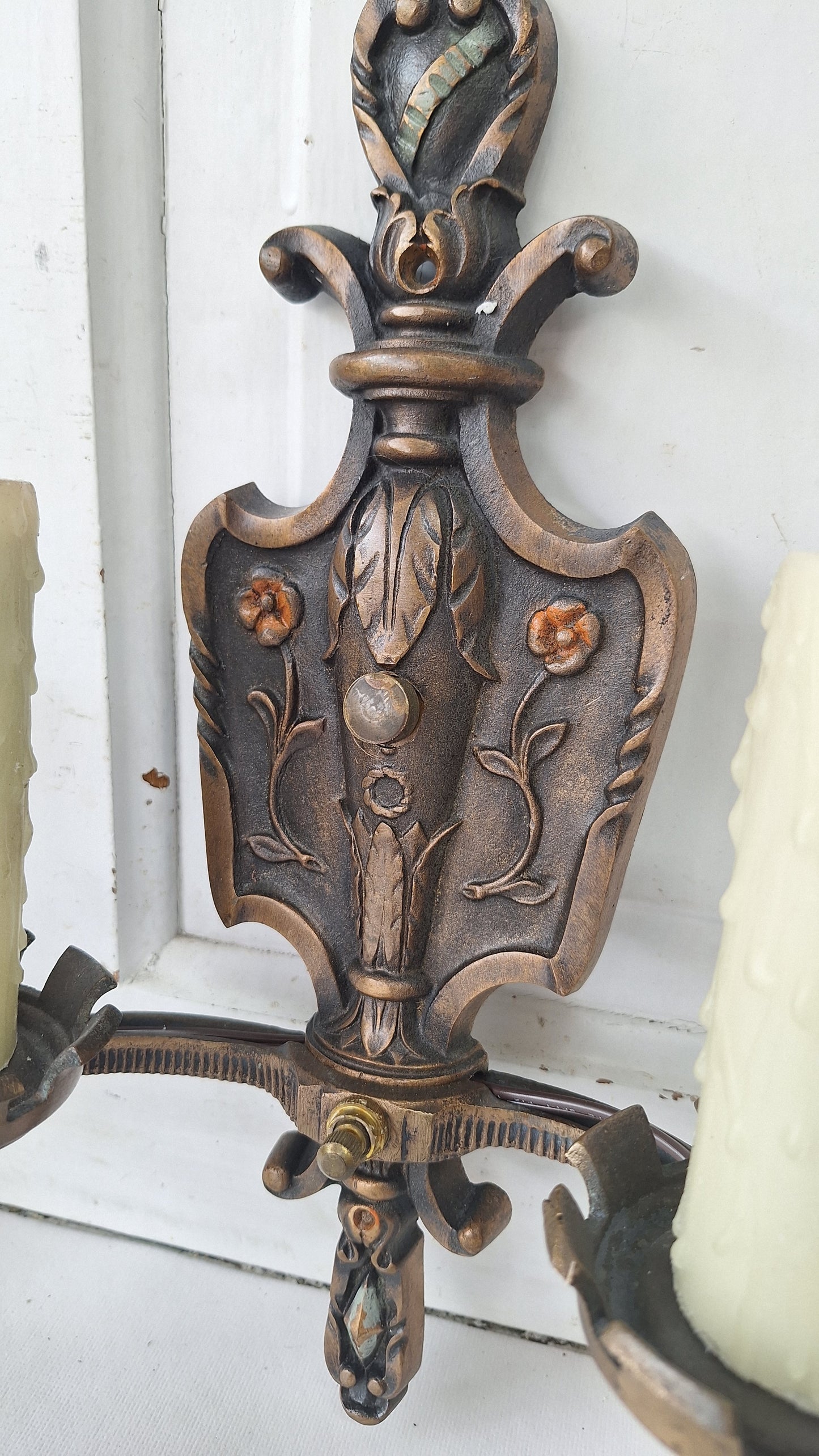 Vintage Spanish Revival Bronze Sconces, Pair of Ornate Wall Lights