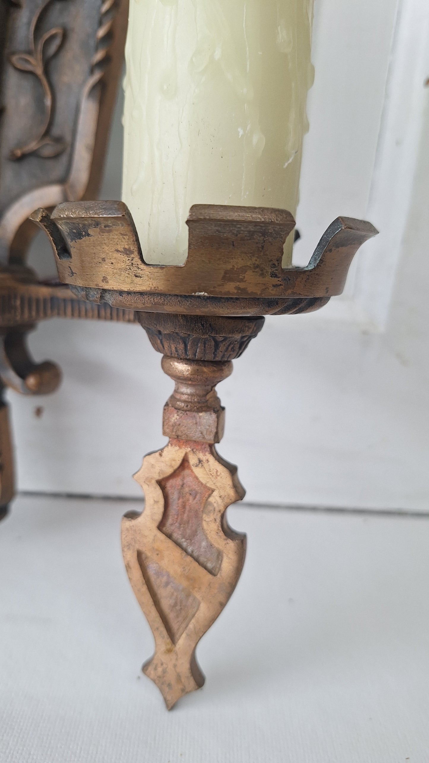 Vintage Spanish Revival Bronze Sconces, Pair of Ornate Wall Lights