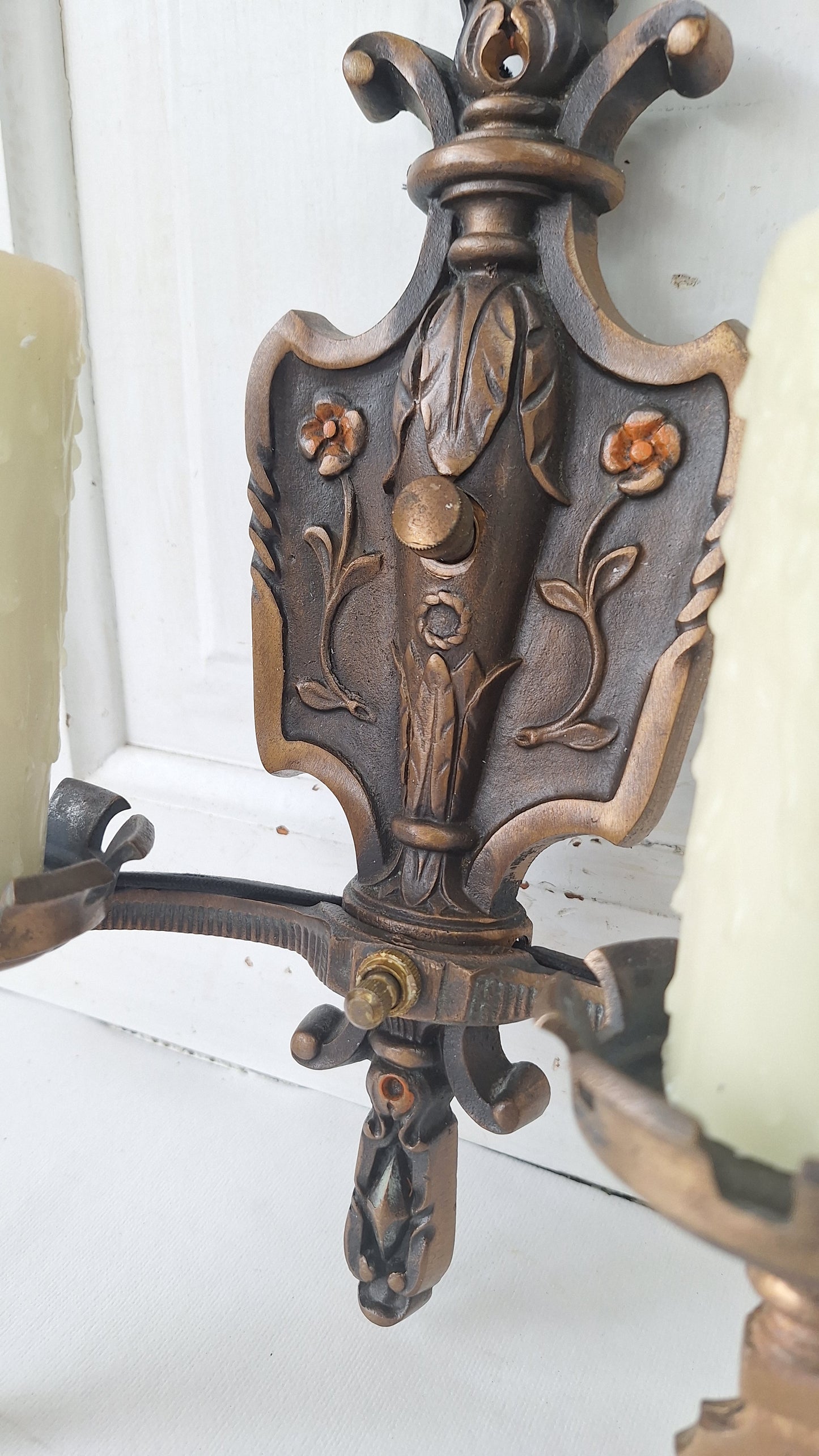 Vintage Spanish Revival Bronze Sconces, Pair of Ornate Wall Lights