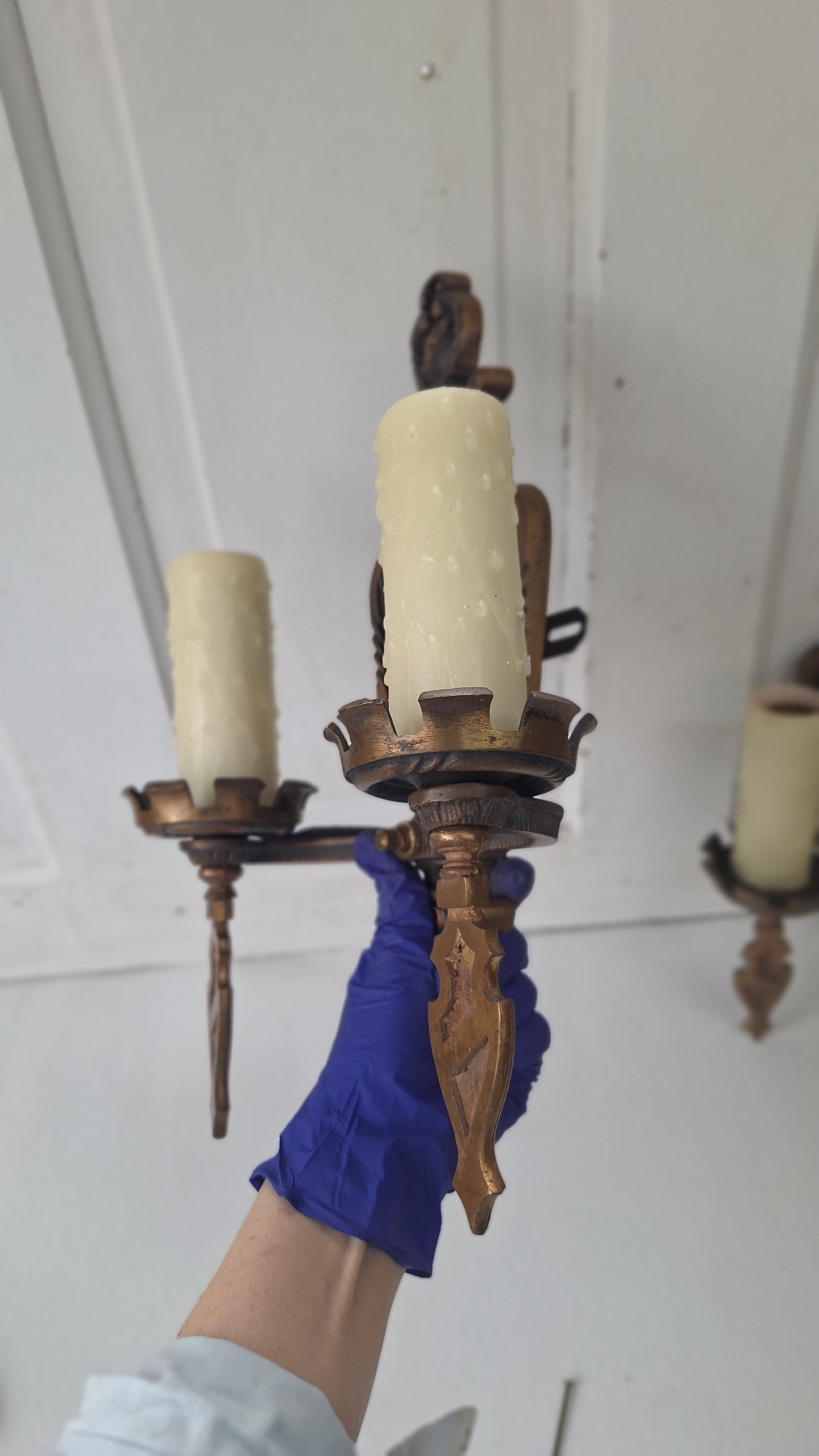 Vintage Spanish Revival Bronze Sconces, Pair of Ornate Wall Lights