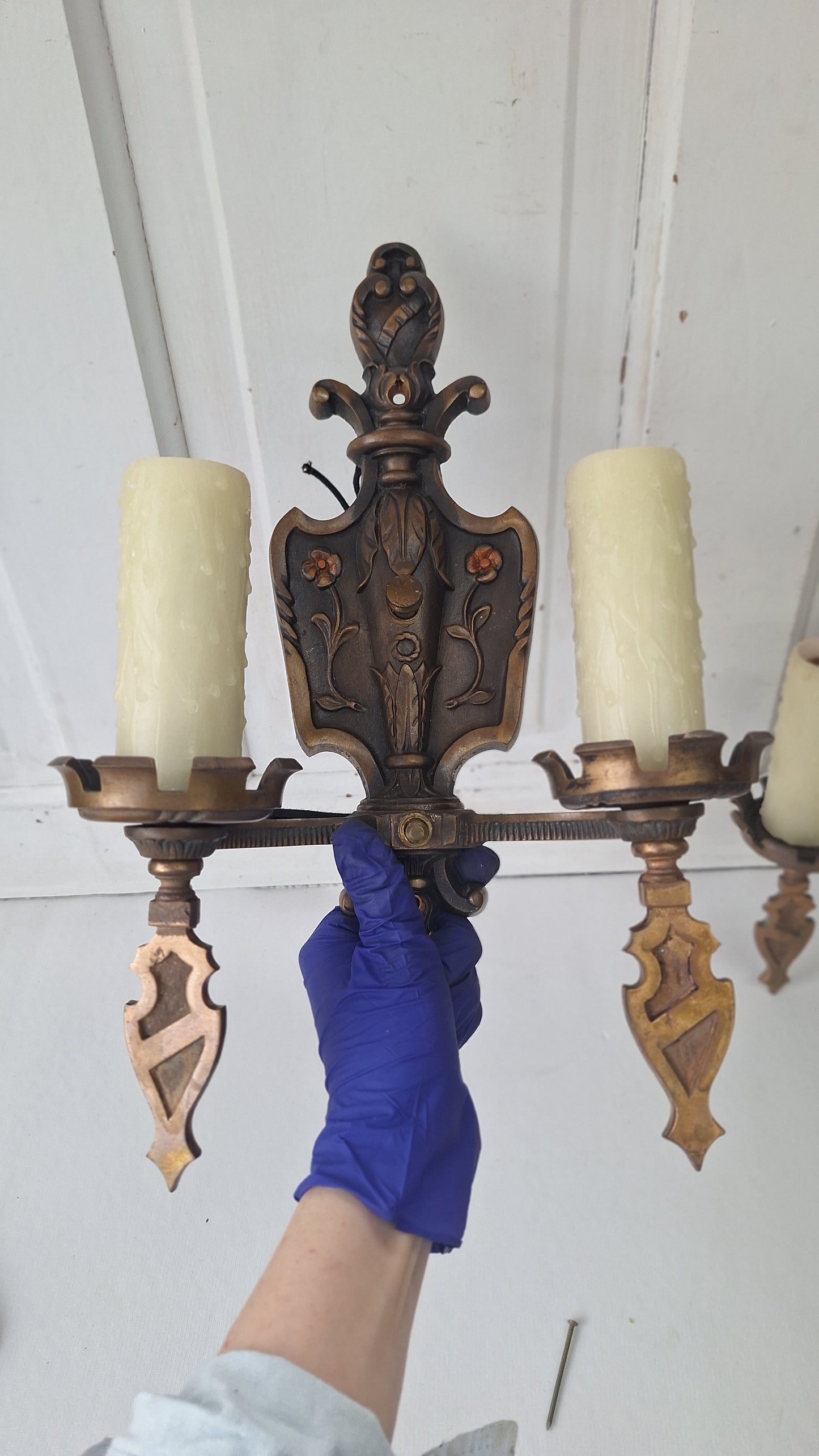 Vintage Spanish Revival Bronze Sconces, Pair of Ornate Wall Lights