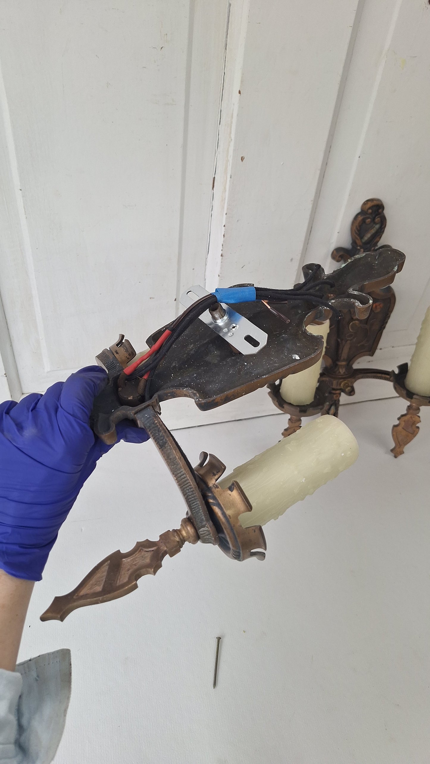 Vintage Spanish Revival Bronze Sconces, Pair of Ornate Wall Lights