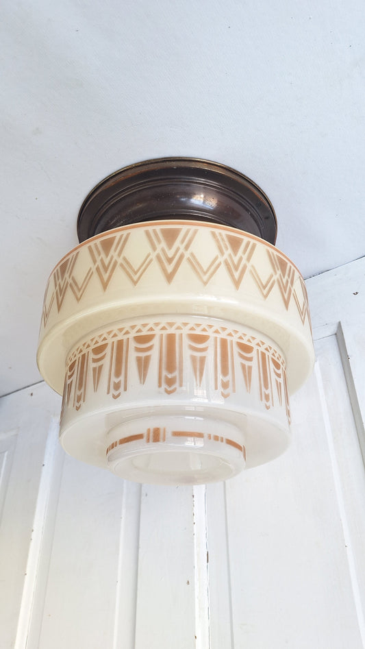 Vintage Stenciled Flush Mount, White Glass and Bronze Ceiling Light Fixture