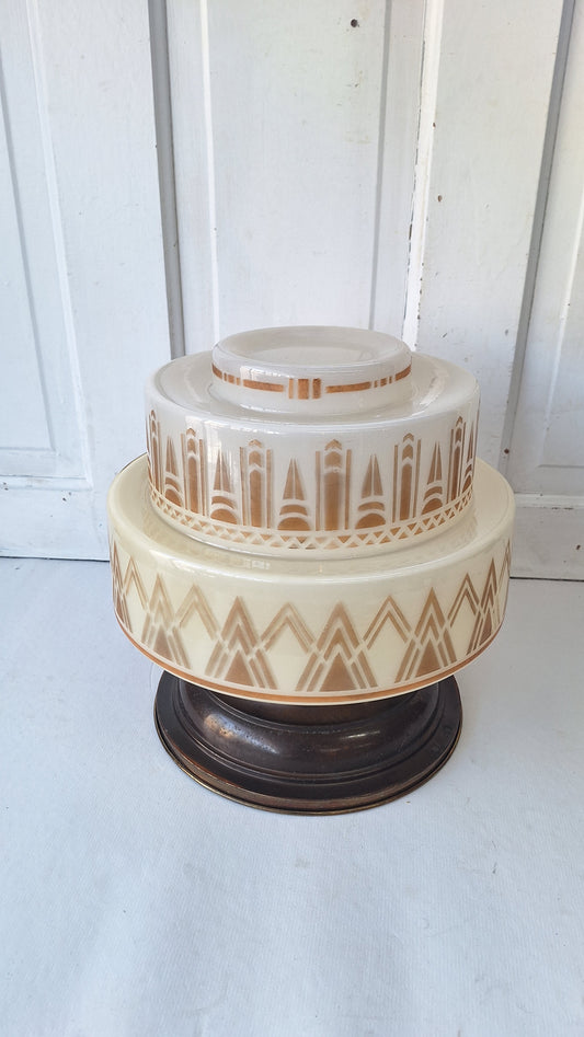 Vintage Stenciled Flush Mount, White Glass and Bronze Ceiling Light Fixture