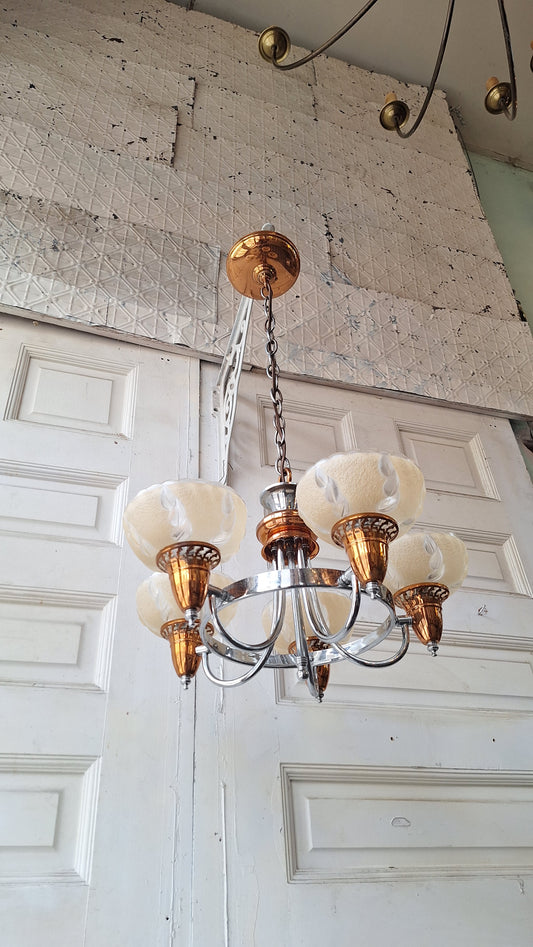 Slip Shade Chandelier, Copper and Nickel Art Deco Light