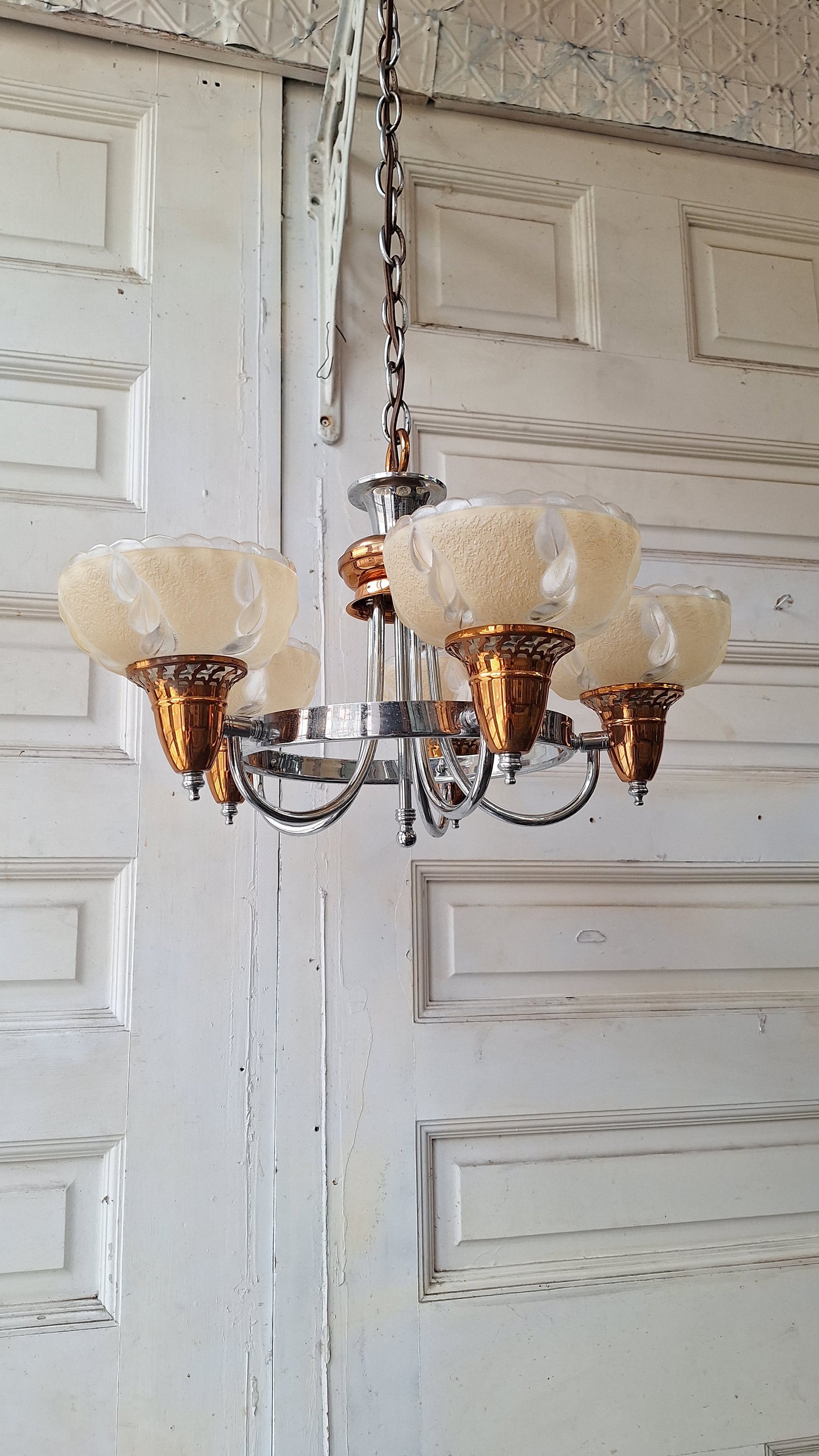 Slip Shade Chandelier, Copper and Nickel Art Deco Light