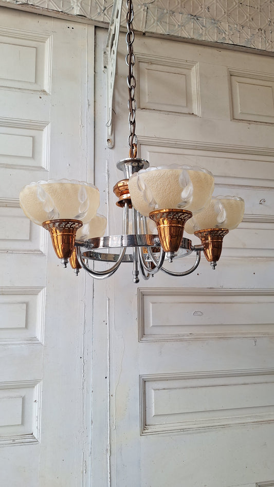 Slip Shade Chandelier, Copper and Nickel Art Deco Light