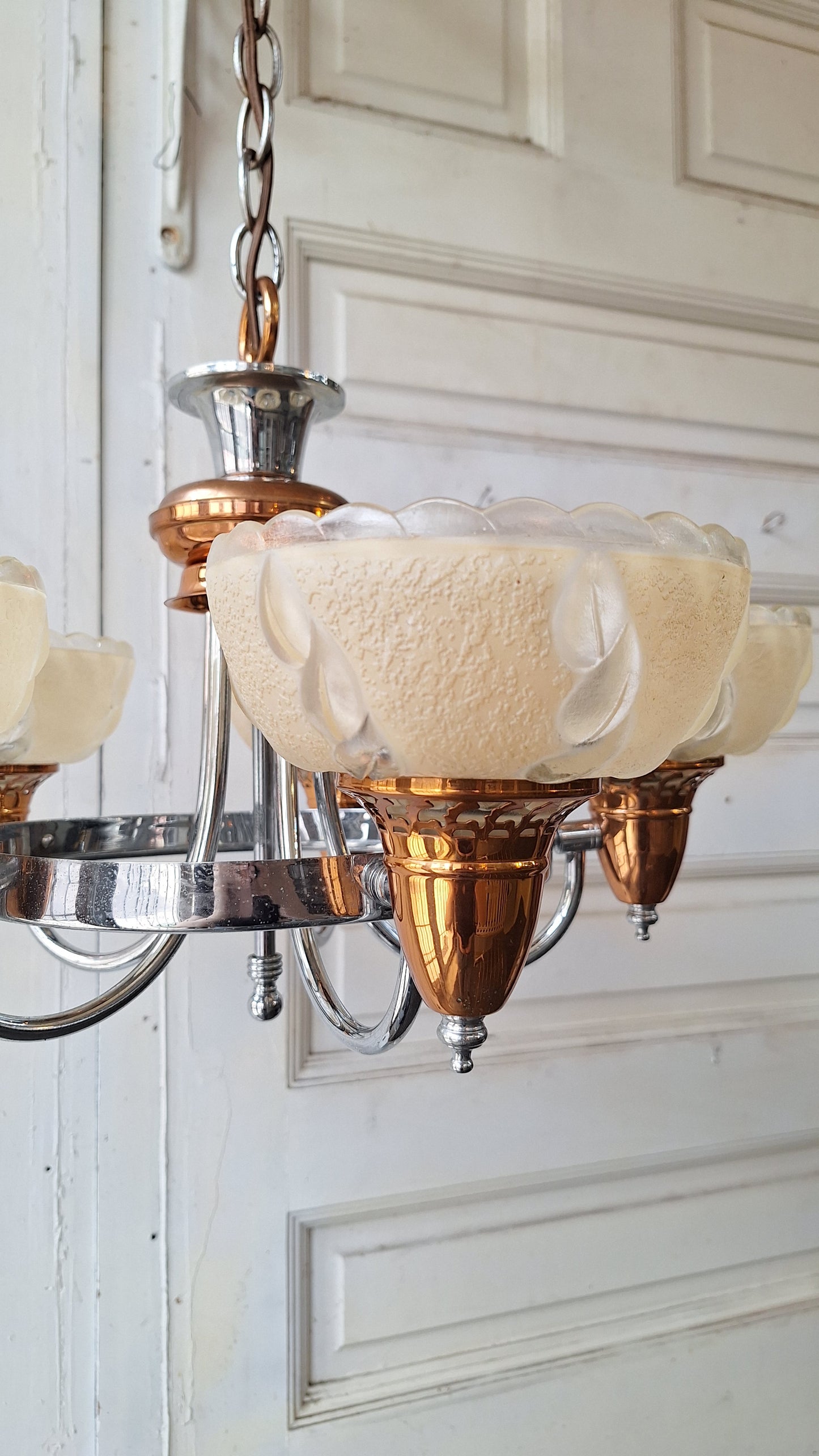 Slip Shade Chandelier, Copper and Nickel Art Deco Light