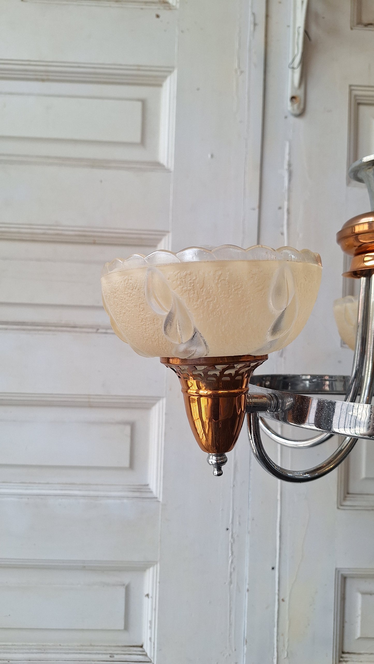 Slip Shade Chandelier, Copper and Nickel Art Deco Light