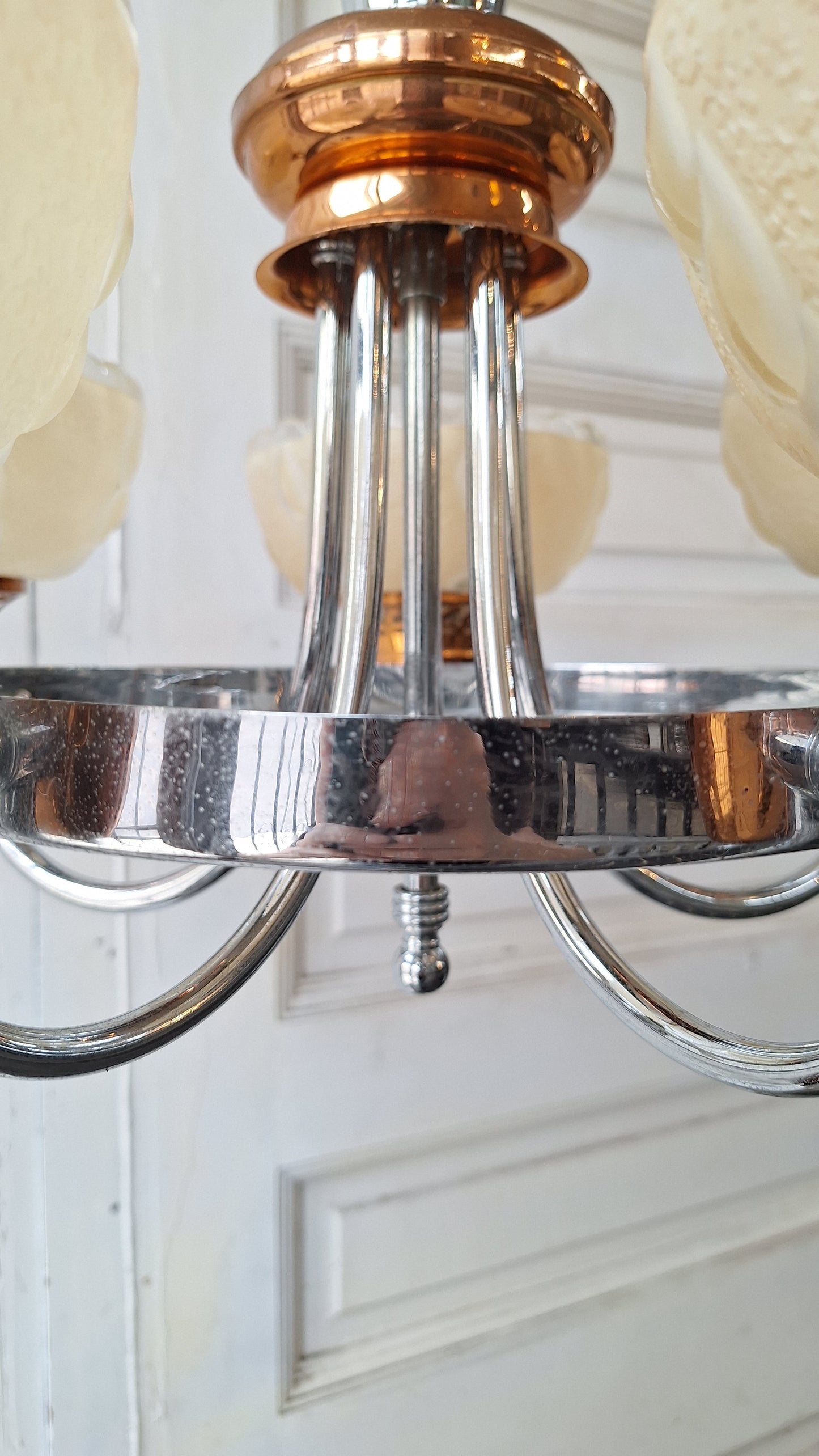 Slip Shade Chandelier, Copper and Nickel Art Deco Light